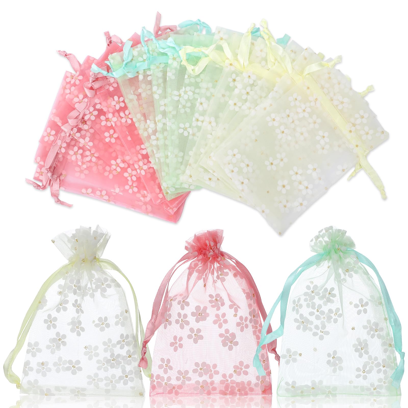 30 Pcs Floral Organza Bags 4x6 Inch Small Mesh Drawstring Pouches for Gifts, 3 Assorted Colors, Sheer Gift Bags for Christmas Wedding Baby Shower Party Favors