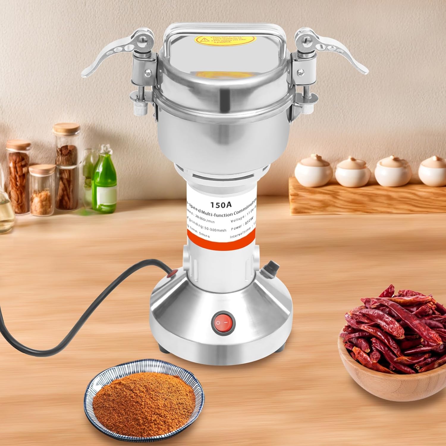 150g High Speed Food Electric Stainless Steel Grinder Mill Seeds,850W Electric Grain Mill,28000r/min,Flour Nut Pill Wheat Corn Herbs Spices & Seasonings Dry Grinder (150g)