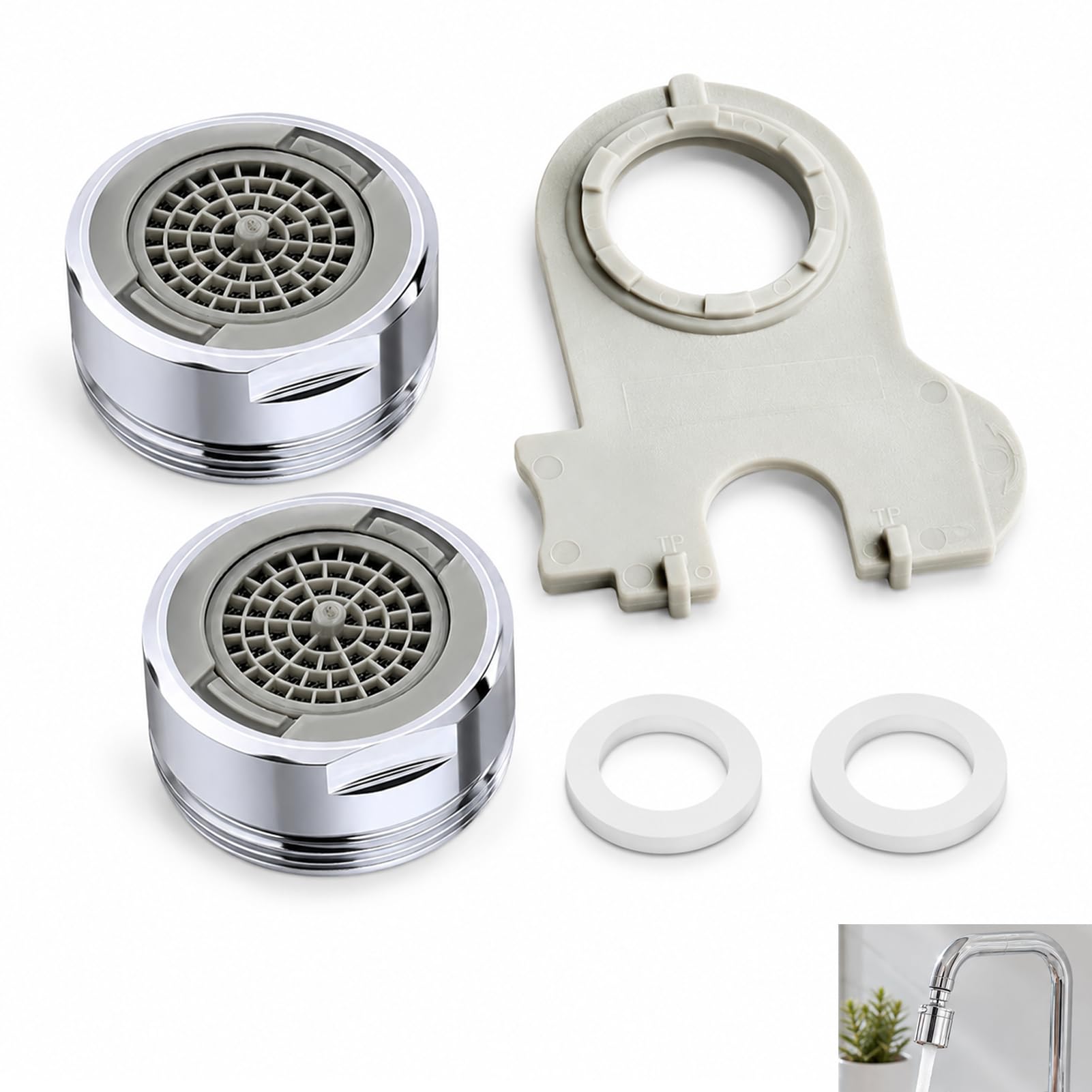 2 Stück M24 Strahlregler aus verchromtem Messing, Wassersparer für Wasserhahn mit 7 Schichten, Spritzschutzaufsätze für Küche, Badezimmer, mit Schlüssel und Dichtung