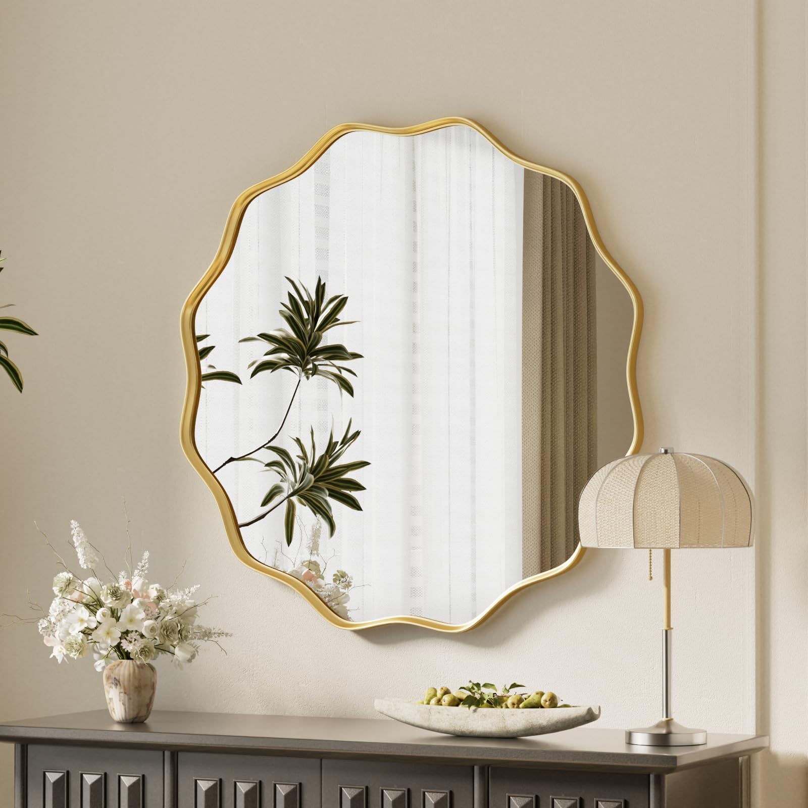 VooBang Gold Scalloped Circle Mirror, 20" Wavy Edge Round Wall Mirror with Tempered Glass Textured Circular Metal Deep Frame, Hanging Leaning for Bathroom, Hallway, Entryway, Livng Room