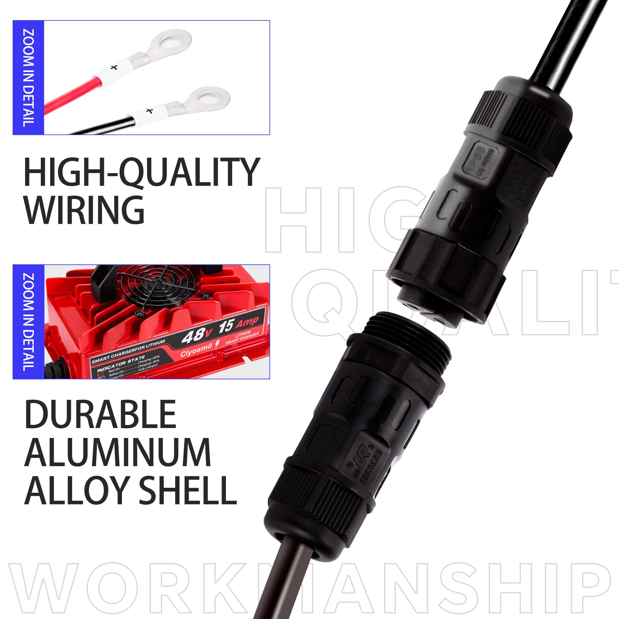 48V 15A Lithium Battery Charger, 58.4V 15A Lifepo4 Lithium Battery Chgarger,IP65 Waterproof, for 48V (51.2V) Litium Battery, Ideal for Golf Carts, Electric Outboards, Boats, and Home