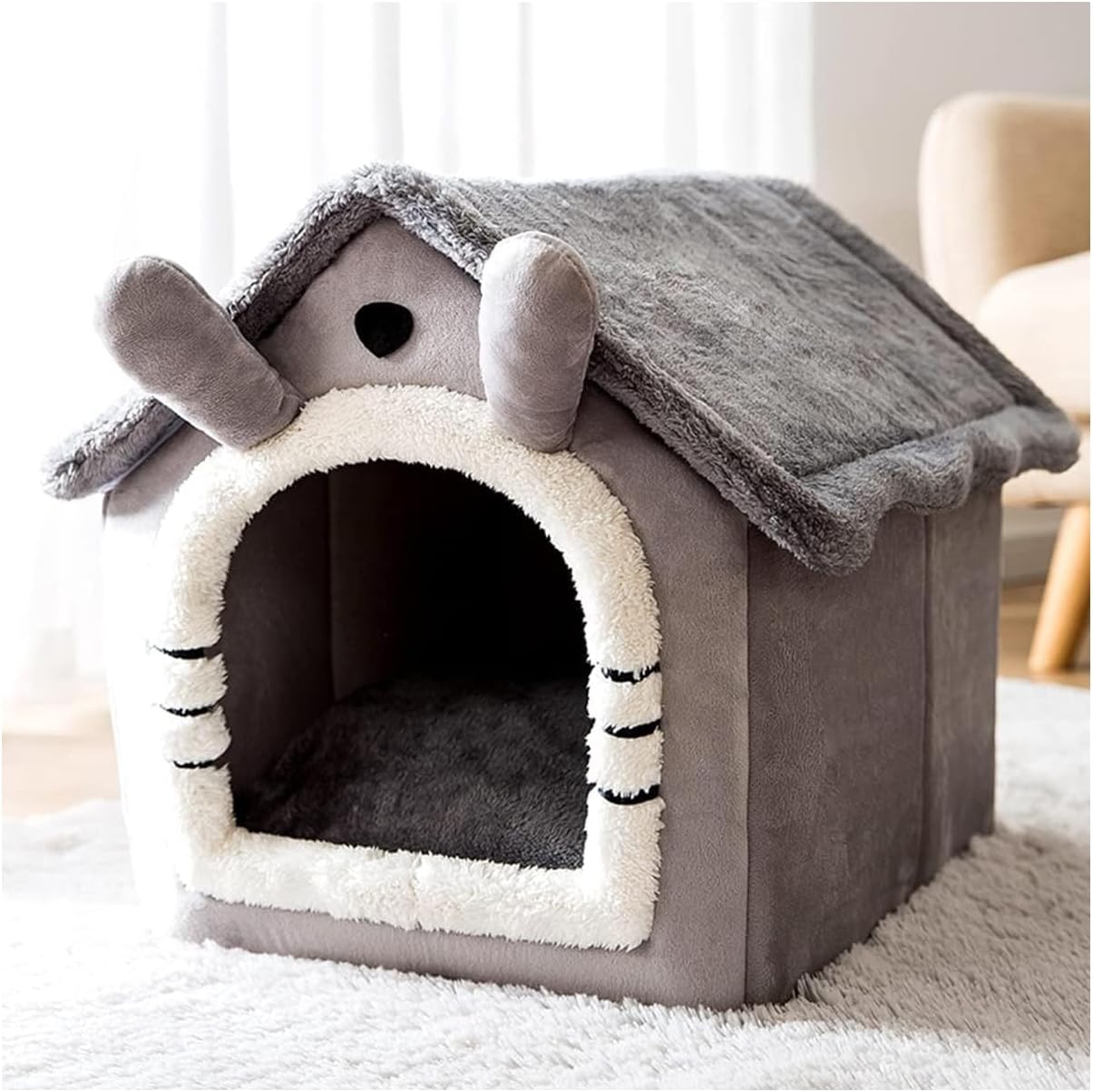 Fluffy Cat House Dog Bed, Cat Cave Nest Soft Warm Puppy Tent with Removable Washable Cushion Cute Pet House for Cat and Dog (Black style)