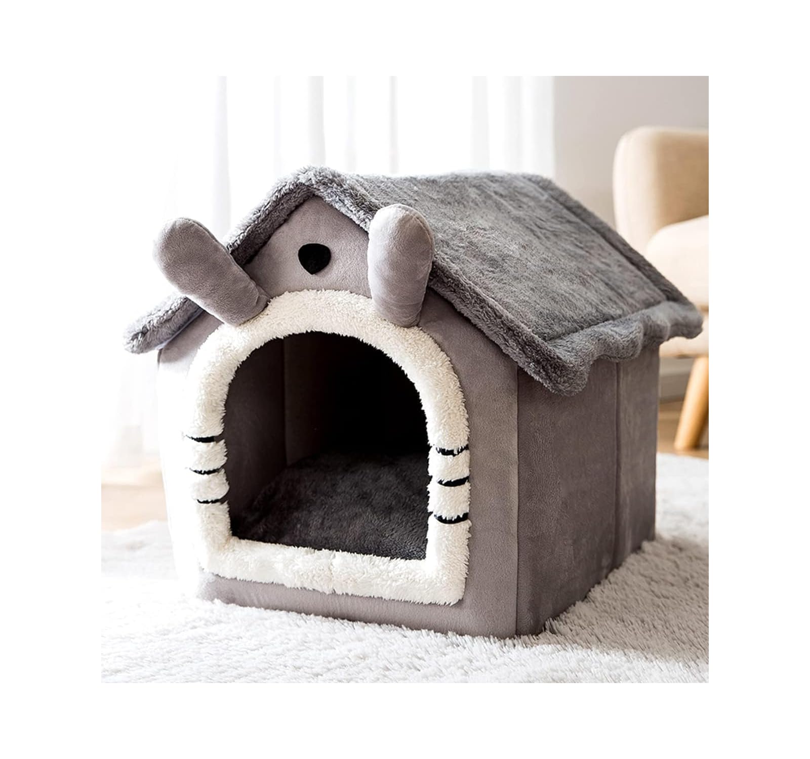 Fluffy Cat House Dog Bed, Cat Cave Nest Soft Warm Puppy Tent with Removable Washable Cushion Cute Pet House for Cat and Dog (Black style)