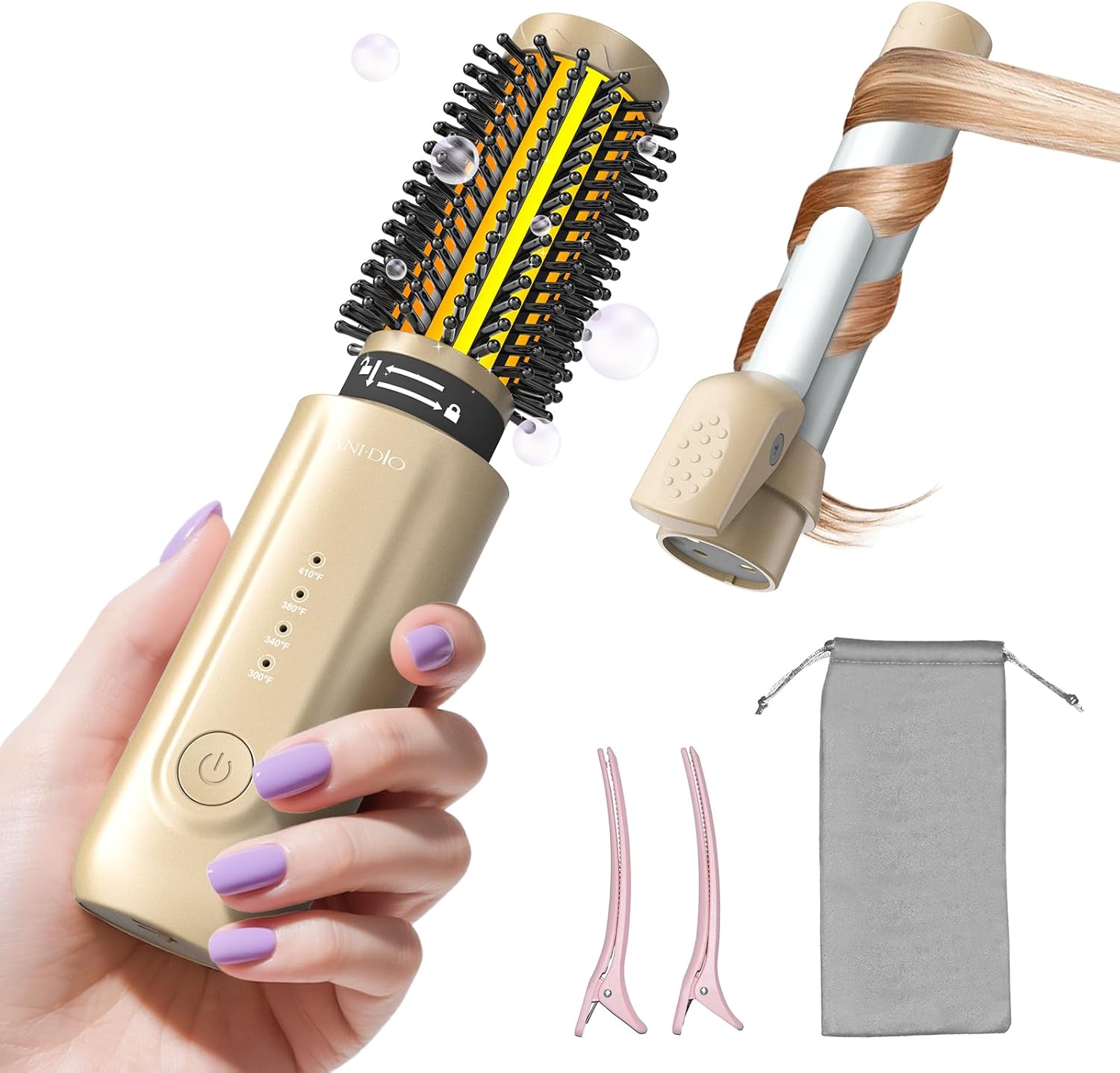 Cordless Curling Iron Brush, 2 in 1 Mini Travel Hot Straightener Comb with 200 Million Negative Ions, Dual Voltage & Lightweight for Travel, Anti-Tangle, 4 Temps, Gold (Gold)