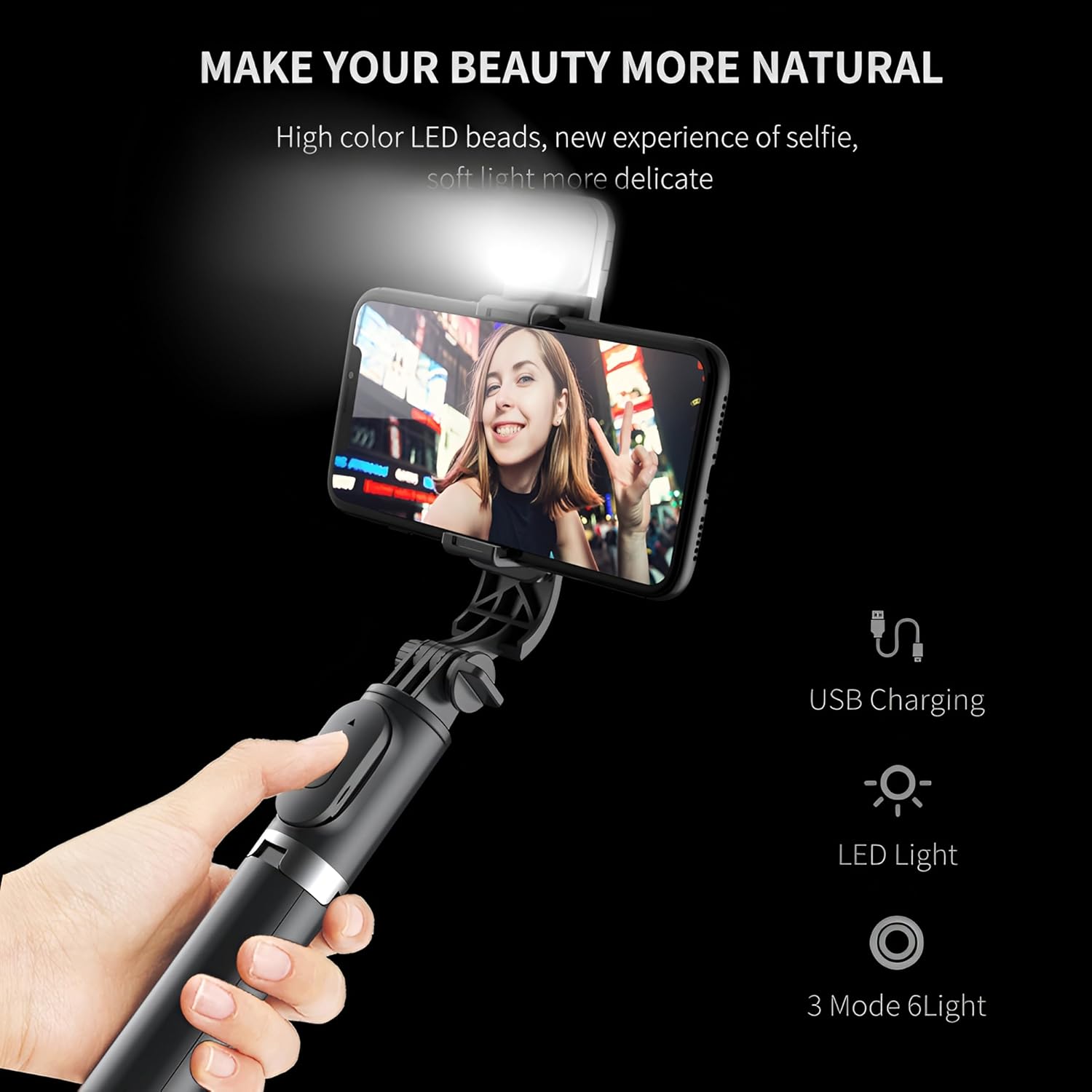 Biliyer Q02S Selfie Stick with phone and fill light, showing USB charging port