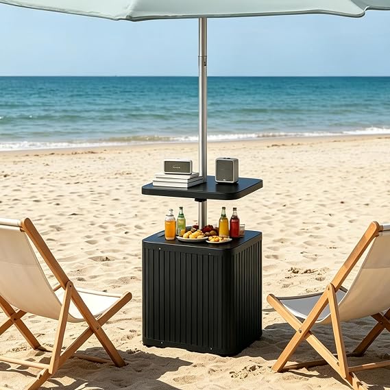 Outdoor Umbrella Table Tray with Hooks, 16.54 Square Black ABS Plastic, Adjustable, Fits 1.5 Umbrella Pole for Beach, Backyard, Poolside, Garden, Patio