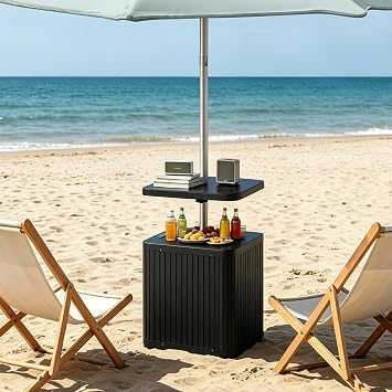 Outdoor Umbrella Table Tray with Hooks, 16.54 Square Black ABS Plastic, Adjustable, Fits 1.5 Umbrella Pole for Beach, Backyard, Poolside, Garden, Patio