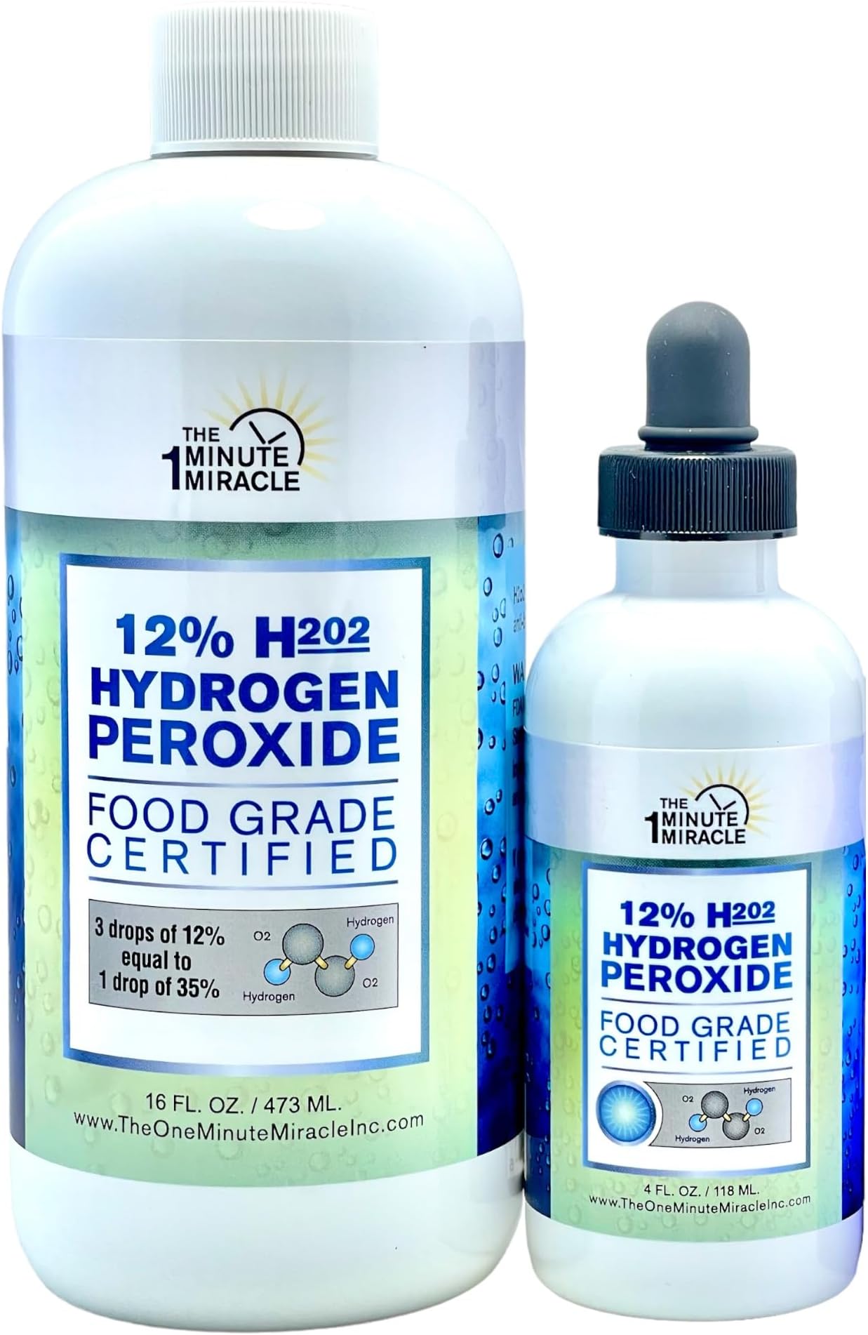 The One Minute Miracle -12% Hydrogen Peroxide Food Grade - 16 oz and 4 oz Bottles