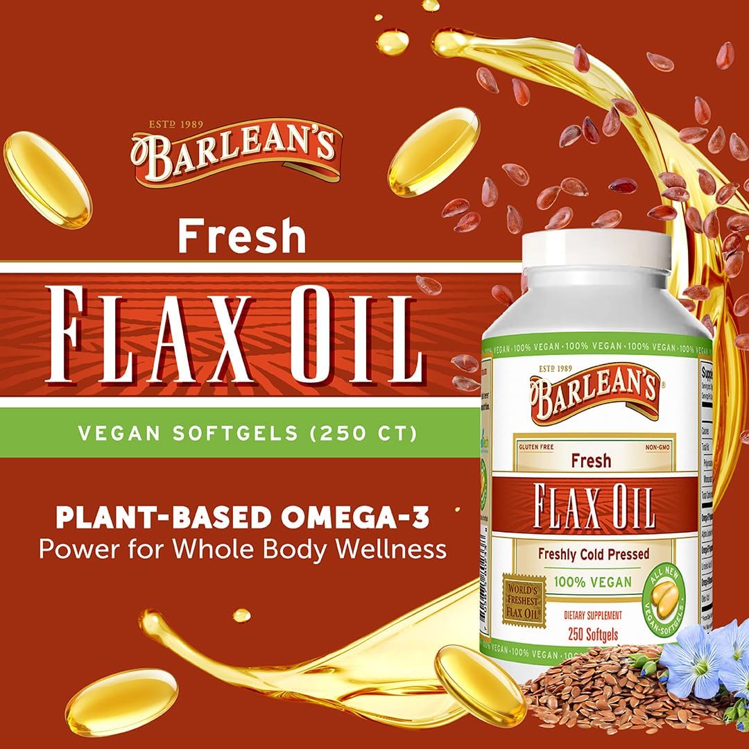 Barlean's Vegan Flaxseed Oil Supplements, Cold-Pressed Flax Seed Supplement Softgels with 1650 mg ALA Fatty Acids, 250 Count