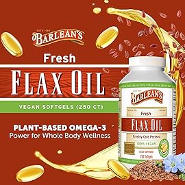 Barlean\'s Vegan Flaxseed Oil Supplements, Cold-Pressed Flax Seed Supplement Softgels with 1650 mg ALA Fatty Acids, 250 Count