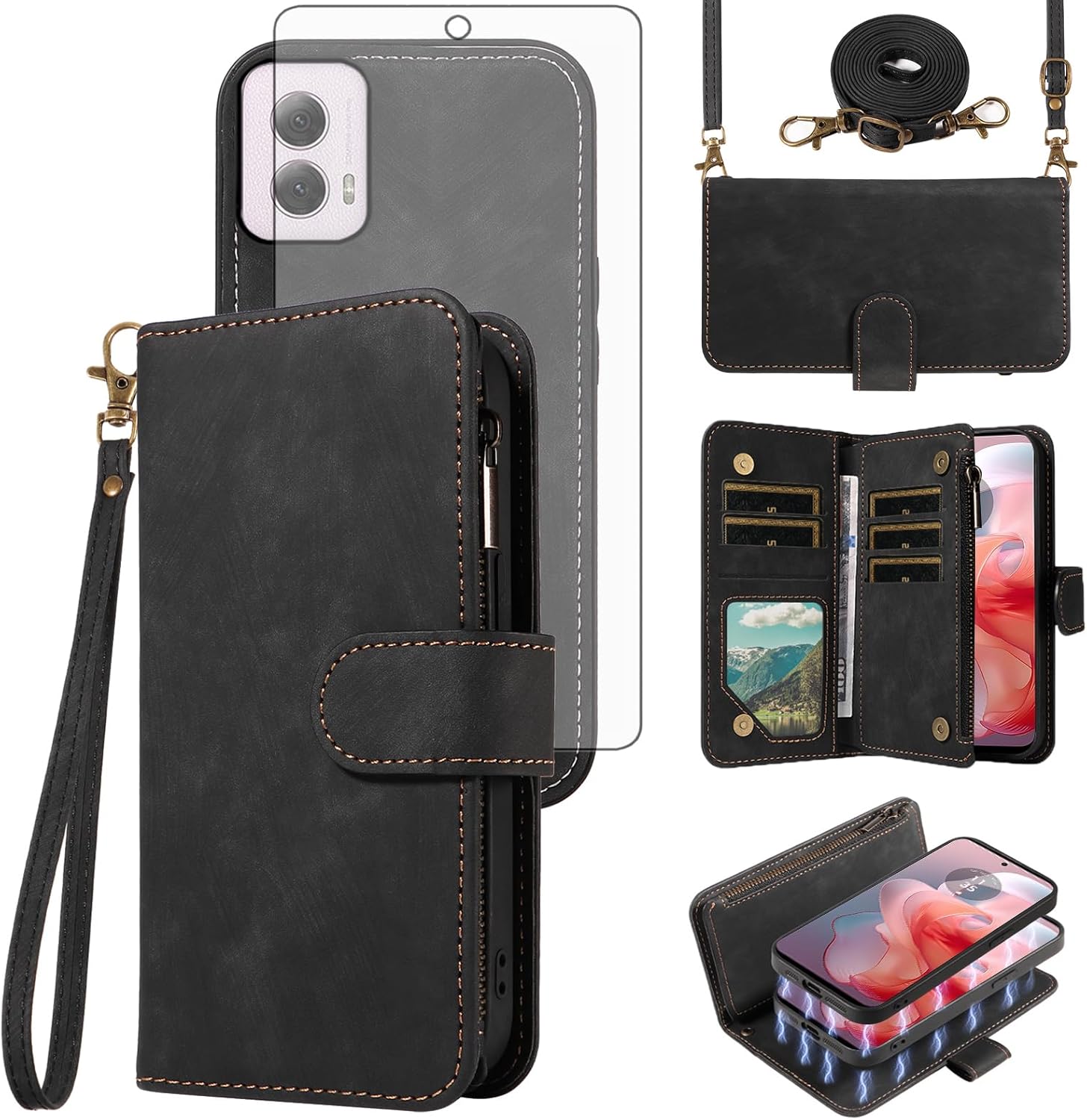Asuwish Phone Case for Motorola Moto G Power 5G 2024 Zipper Wallet Detachable Magnetic Cover with Tempered Glass Screen Protector Crossbody Lanyard Strap Flip Card Holder Slot G5 Women Men Girls Black