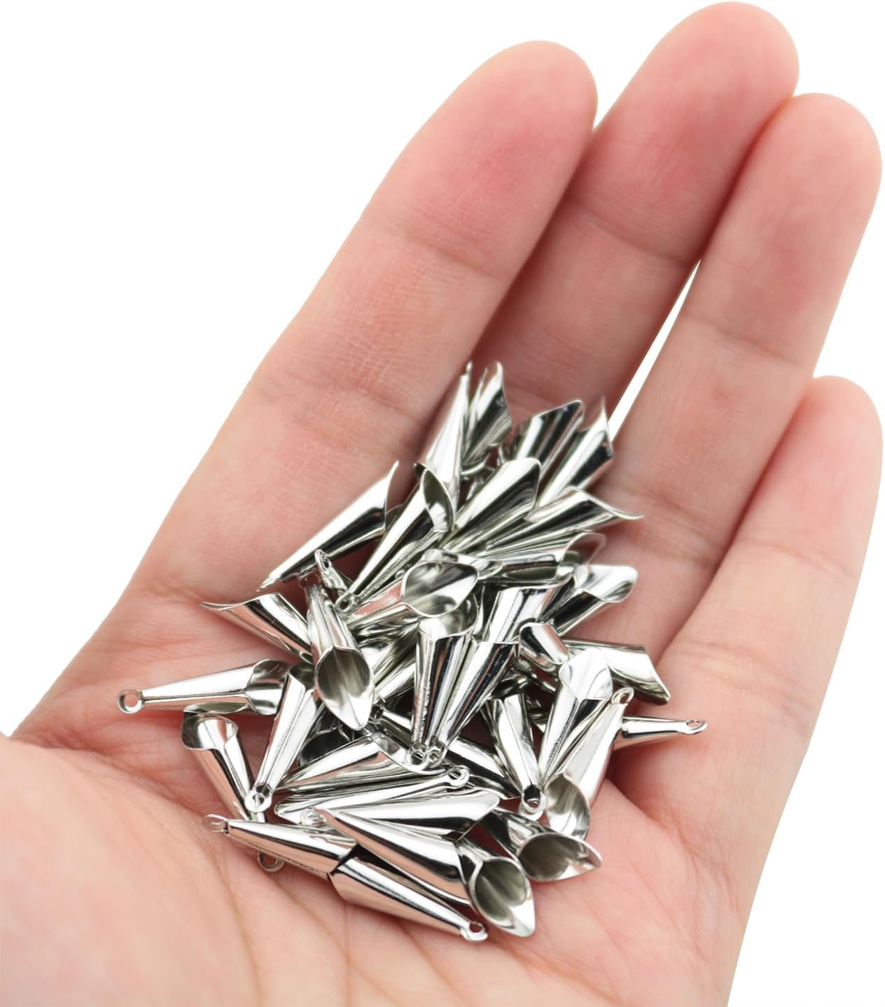 100PCS Long Floral Bead Caps with Spacer Cones Metal Pendant Caps Curled Bell Fringe Pendants Antique Style DIY Handmade Jewelry Accessories for Earrings and Necklaces White K Color