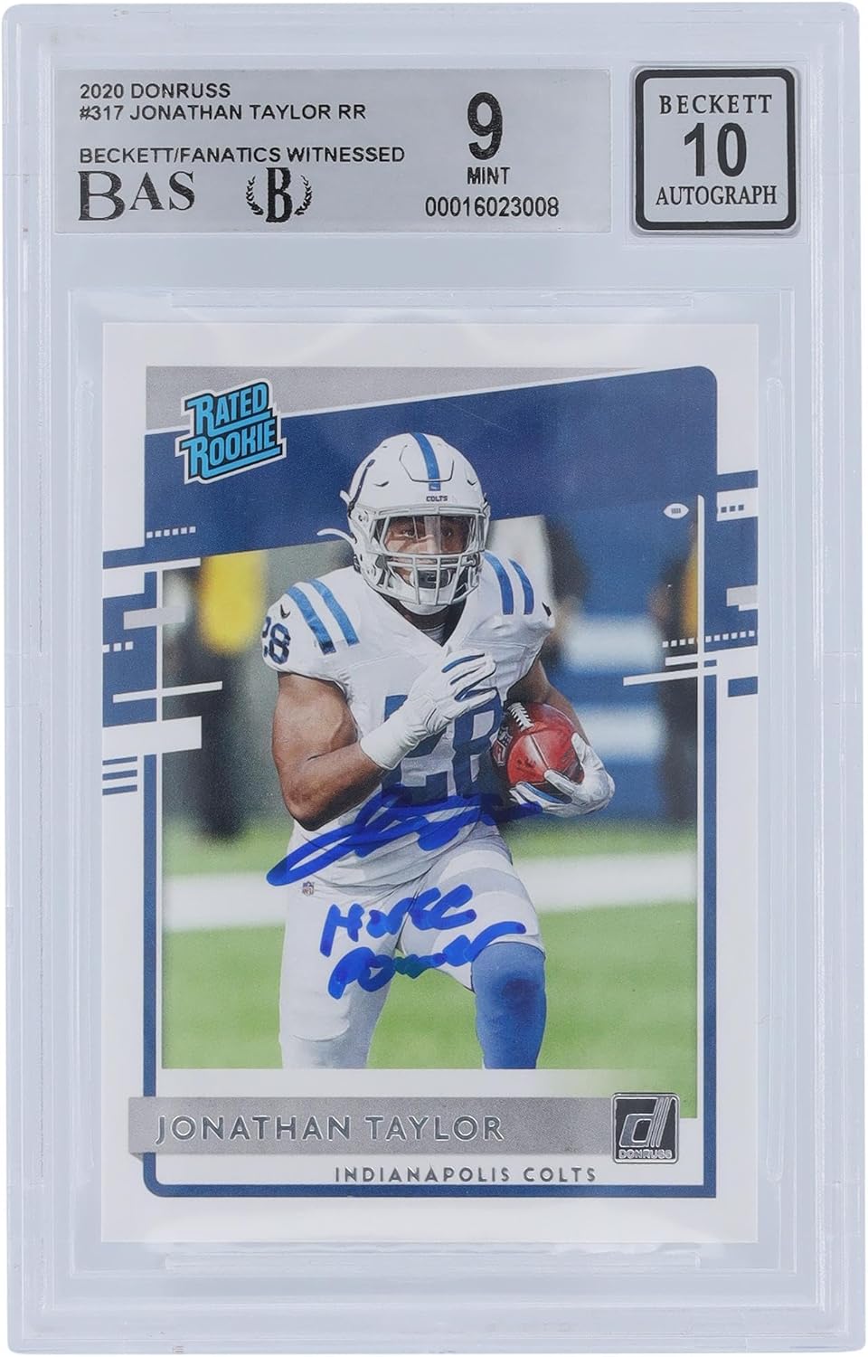 Jonathan Taylor Indianapolis Colts Autographed 2020 Panini Donruss Rated Rookie #317 Beckett Fanatics Witnessed Authenticated 9/10 Rookie Card with "Horse Power" Inscription - Football Slabbed