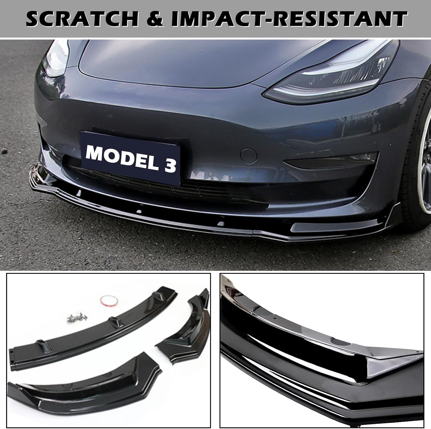 fit tesla model 3 front bumper lip kit front spoiler wing glossy black splitter trim model 3 accessories 2024-2025 glossy black model 3 (2024-2025)