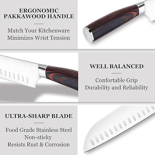 Miniatura 3 de BEWOS Cuchillo Santoku de 7 pulgadas, cuchillo de cocina profesional de acero inoxidable con varilla de afilado, juego de cuchillos de chef ultra