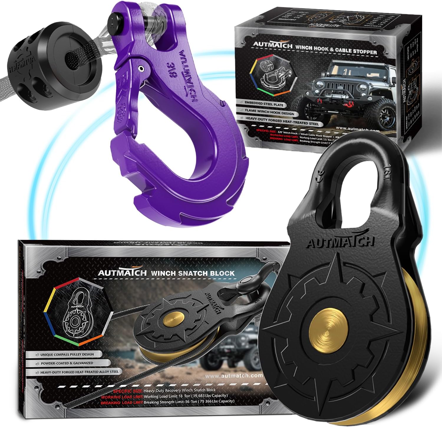AUTMATCH 3/8" Winch Hook and Winch Snatch Block Pulley 18 Ton, Max 79,366Lbs Break Strength, Heavy Duty Off Road Recovery Towing Pulley Blocks Winch Rope, ATV, UTV, Truck, Purple