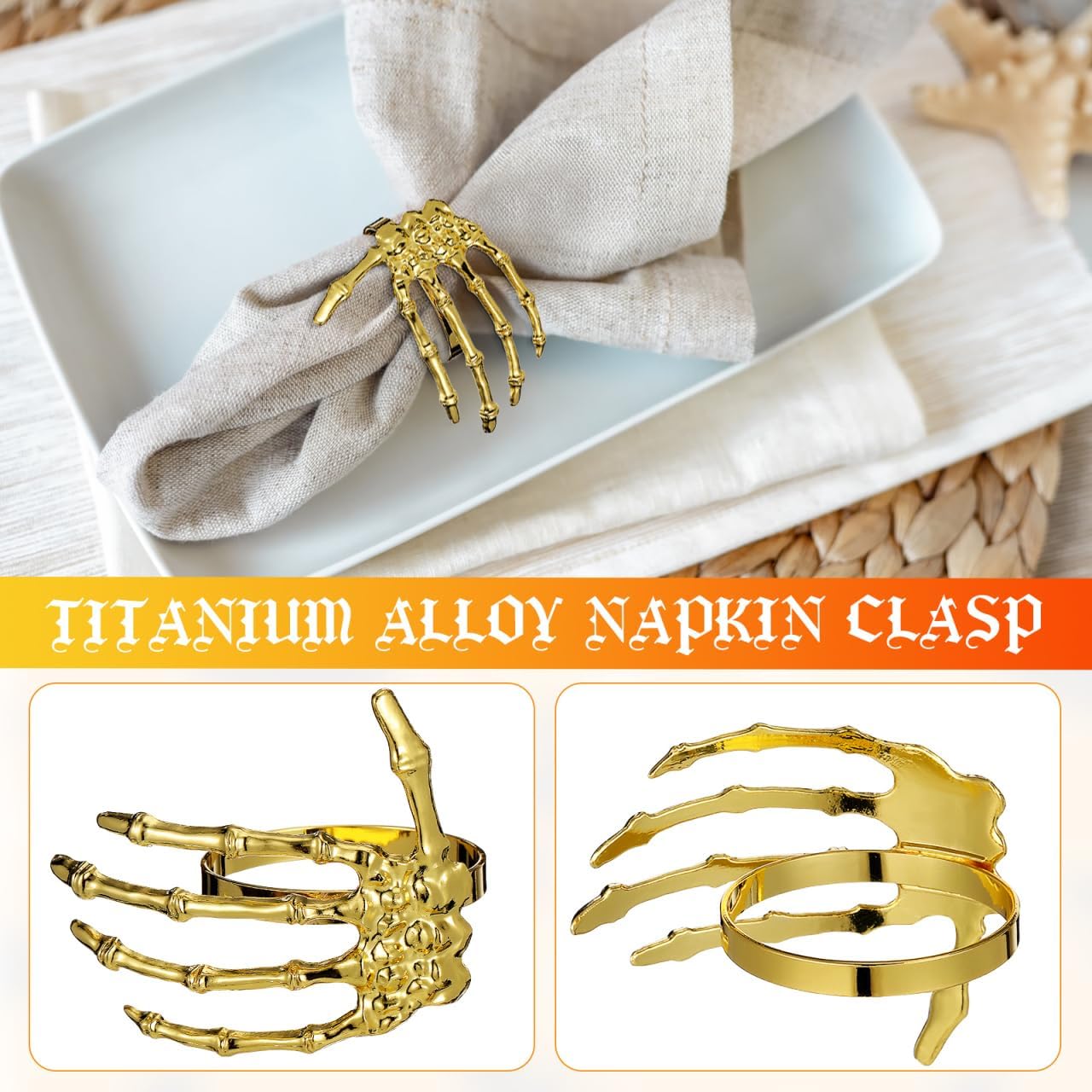 Operitacx Halloween Napkin Rings Set Ghost Palm Shaped Napkin Buckles Decorative Table Accessories for Party Dining Decor 6-Pack