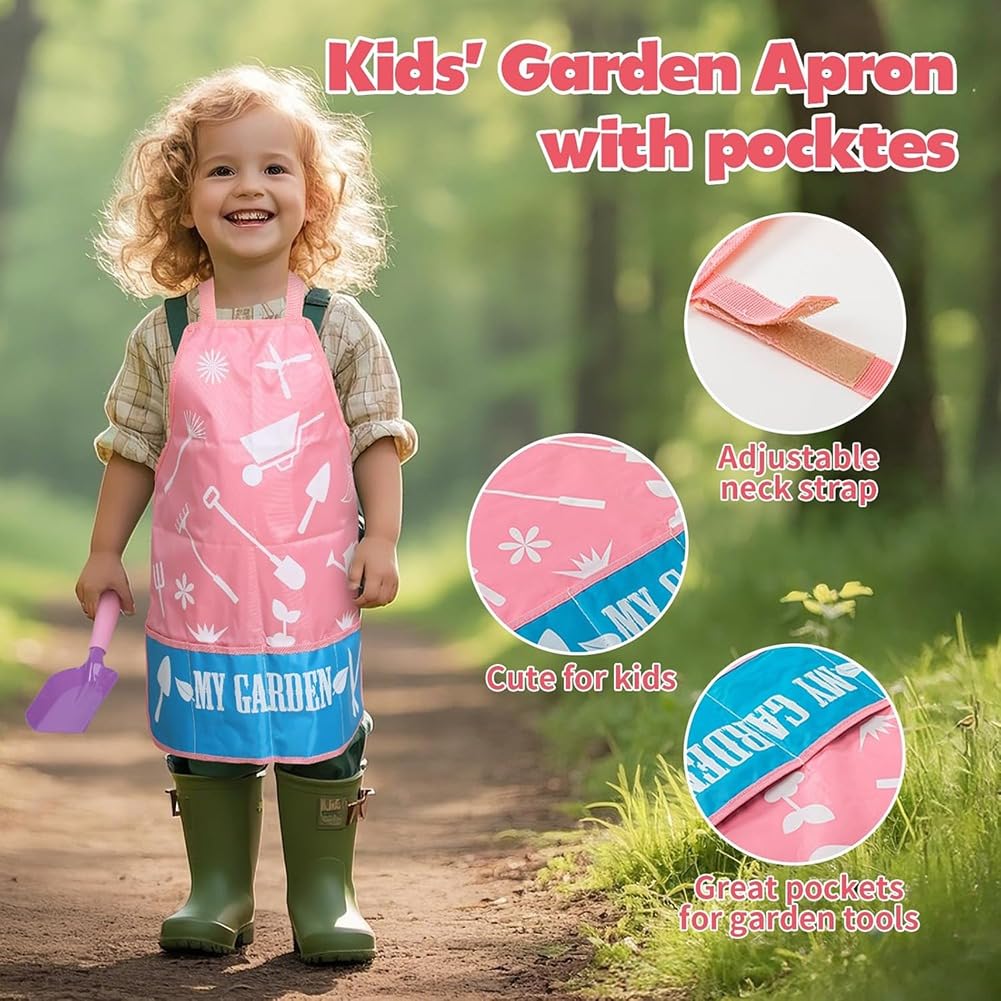 Ensemble D'Outils de Jardin pour Enfants Rose - Râteau en Métal, Pelle, Transplantoir, Arrosoir, Sac Fourre-Tout et Kit DIY Jouet D'Extérieur.