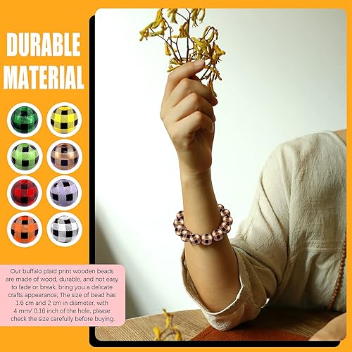 Miniatura 4 de Rustark Kit surtido de 100 cuentas de madera a cuadros de búfalo de 0.630 in, 5 colores, cuentas de madera redondas para manualidades naturales con