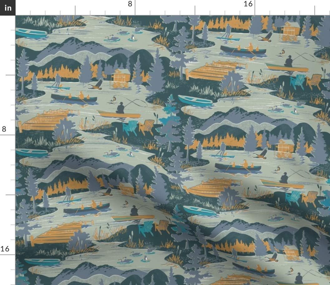 Spoonflower Fabric - Summer Woods Lake Fishing Boat Adirondack Camping Cabin Canoe Paddle Printed on Petal Signature Cotton Fabric Fat Quarter - Sewing Quilting Apparel Crafts Decor
