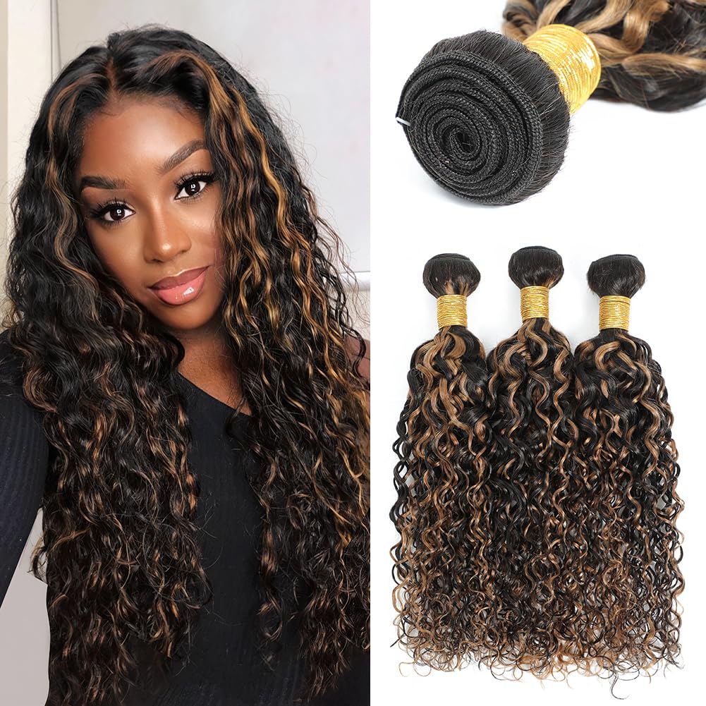 Wet and Wavy 1b/30 Brown Highlight Human Hair Bundles 20 22 24 Inch, Brunette Balayage Ombre Bundles Deep Water Wave Sew In Weave, 12A 100% Unprocessed Brazilian Raw Remy Virgin Hair Tracks, P1b/30