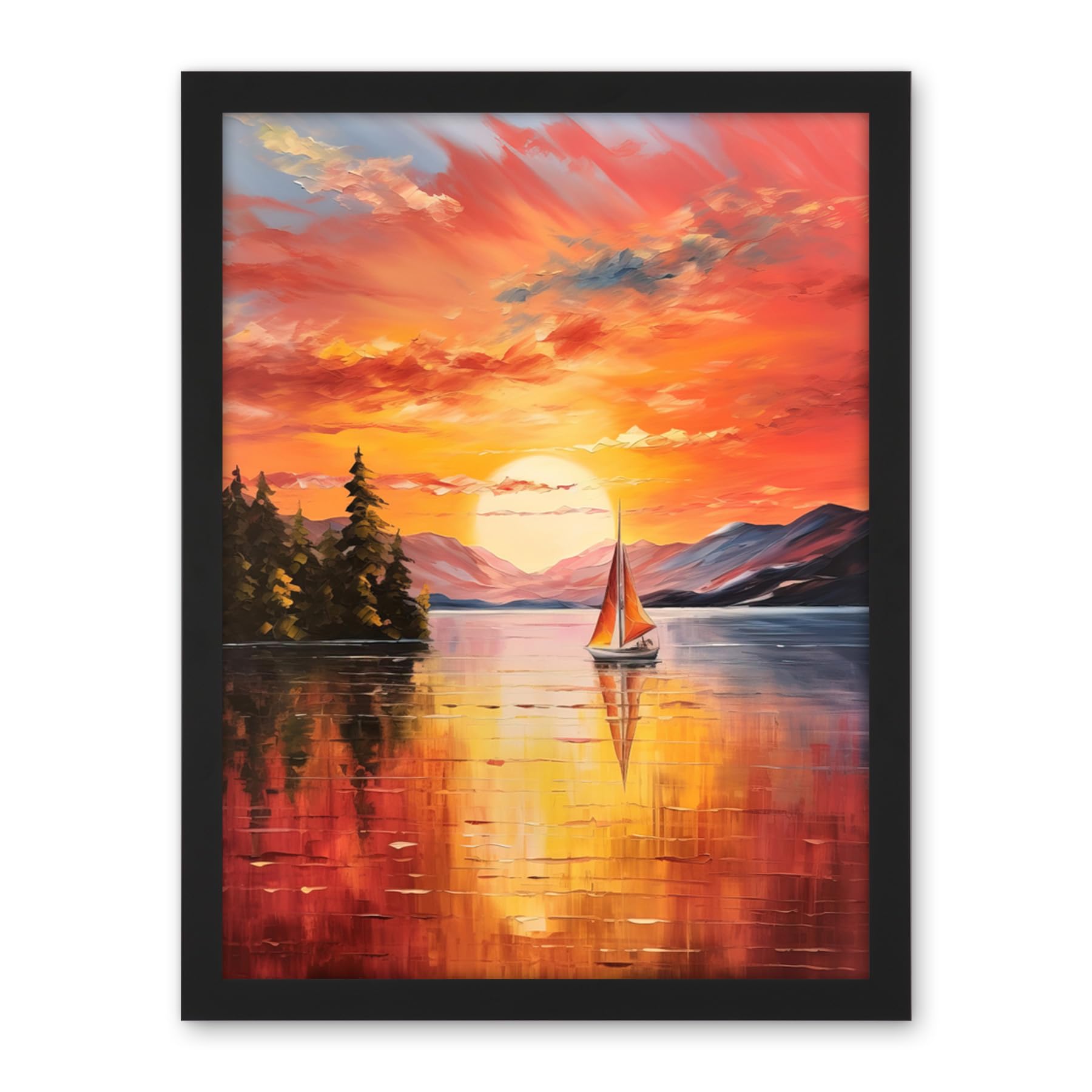 Artery8 Serene Lake Sunset Sailing Vibrant Oil Painting Sail Boat Lakeside Mountain Landscape Artwork Framed Wall Art Print 18X24 Inch