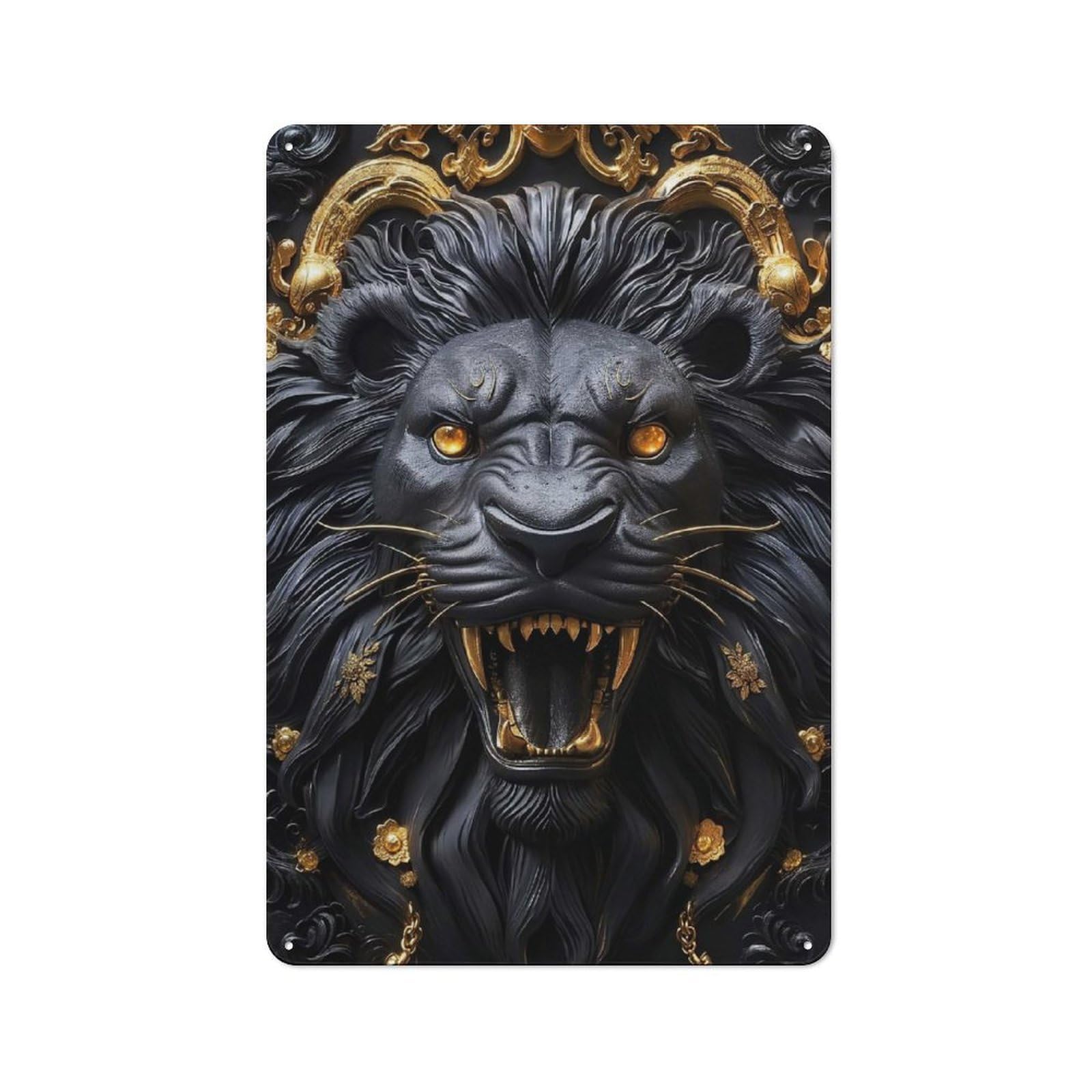Black Golden Lion Roar Industrial Metal Wall Decor 30x20cm, Tin Sign for Workshop, Basement, Shed Or Games Room