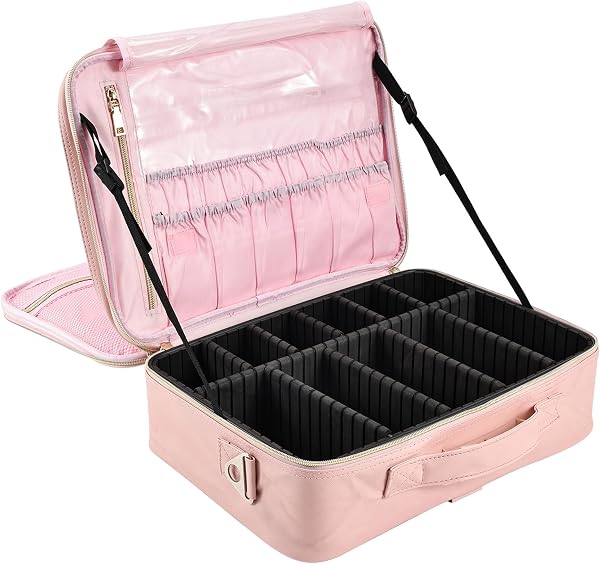Joligrace Trousse de Maquillage Voyage Sac Maquillage Grande Malette à Ongles Rangement Maquillage Trousse Toilette Coiffure Makeup Bag Faux Cuir avec 2 Couche y Bandoulière Beauté Professionel, Rose - 1