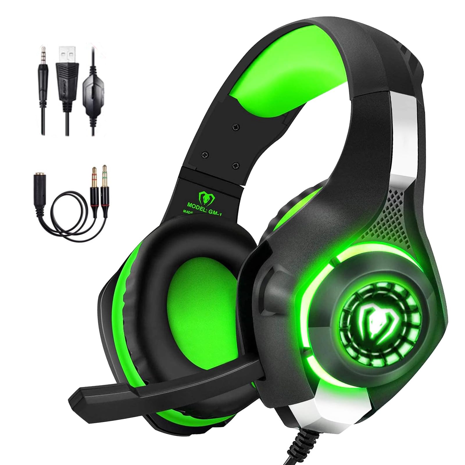 BlueFire Gaming Headset für PS4, Gaming Kopfhörer mit 3,5 mm Klinkenstecker LED und Mikrofon, Bass Stereo Audio Surround Gaming Headset für Xbox One/Xbox One S/PC/Laptop (Grün)