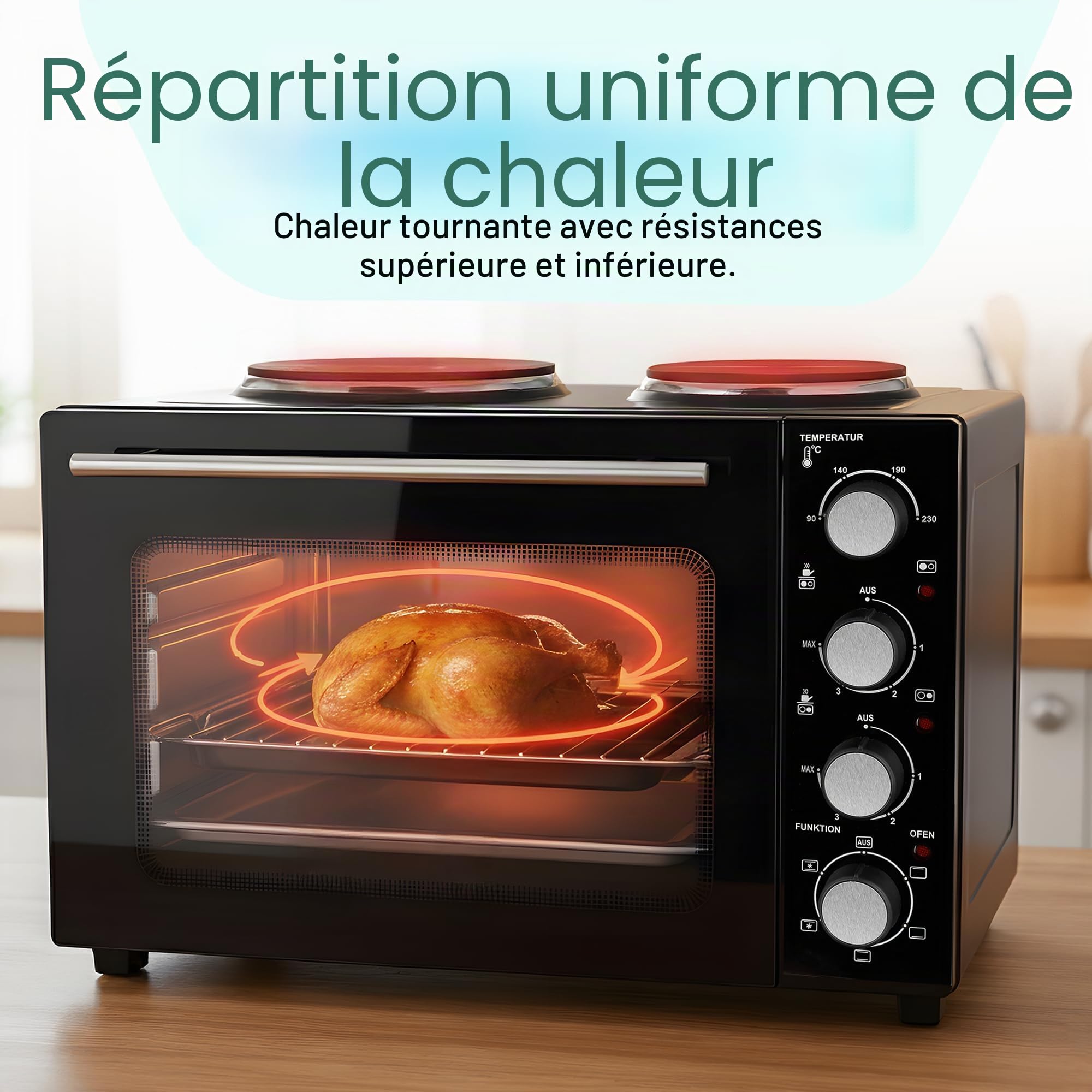 EMERIO MO-125236.4 Four de 32 litres + 2 plaques de cuisson | Chaleur tournante + chaleur de voûte et de sole | Minuterie + régulateur de température | Plaque de cuisson et grille de cuisson | Four de