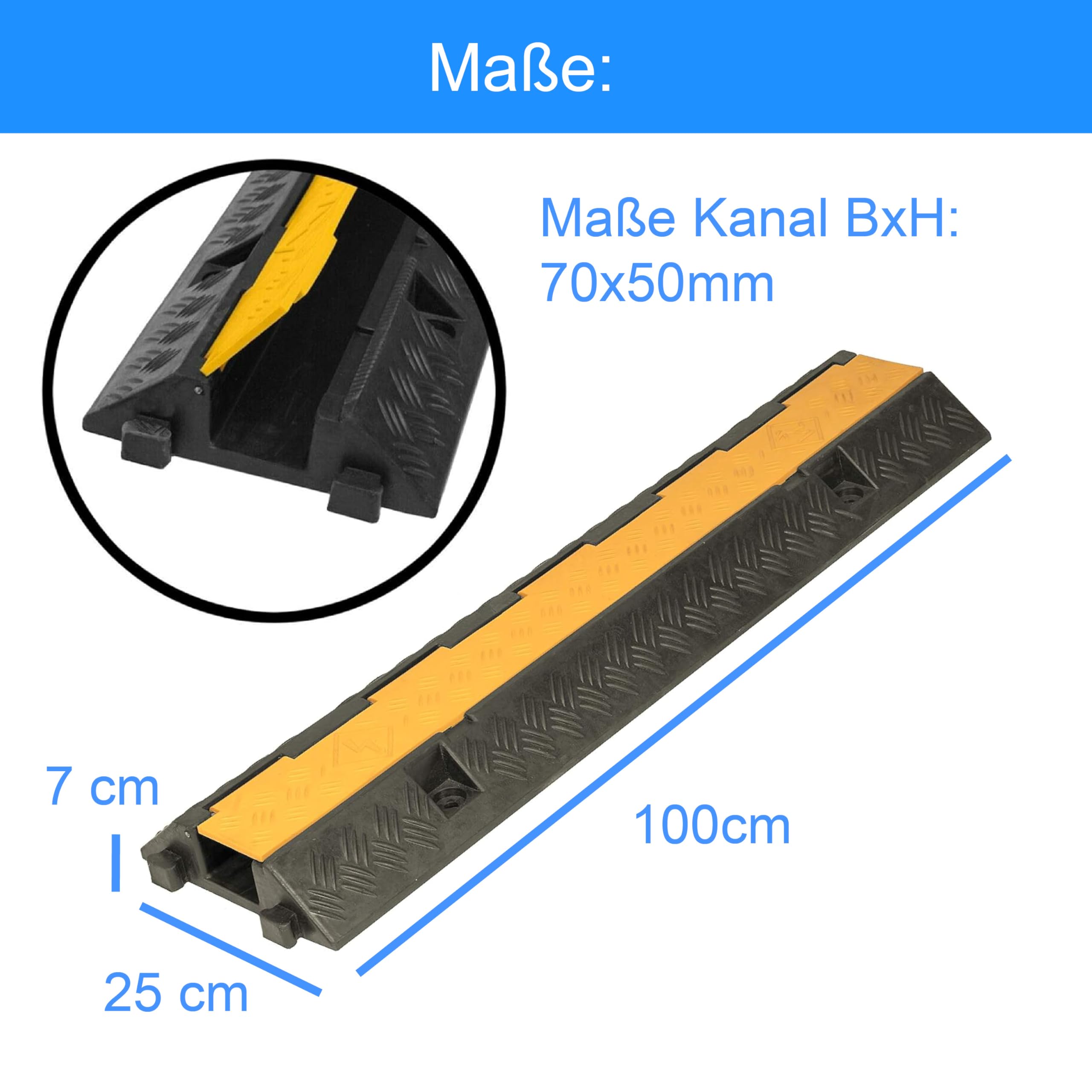 1-Kanal Kabelbrücke/Schlauchbrücke – Extra großer Kanal 70x50 mm, Überfahrschutz, Kabelkanal-Rampe für Pkw & LKW, Protector, Schutzbrücke für Kabel und Schläuche