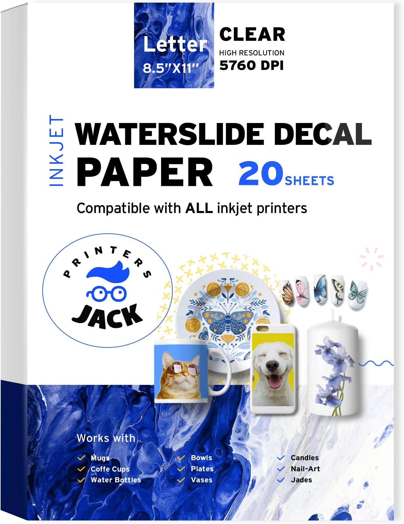 20 Sheets 8.5 x 11 inches Waterslide Decal Paper, Printers Jack Water Slide Decal Clear Paper for Inkjet Printer, Printable Waterslide Paper for DIY Tumbler, Mug, Nail Crafts, Candles Crafts.