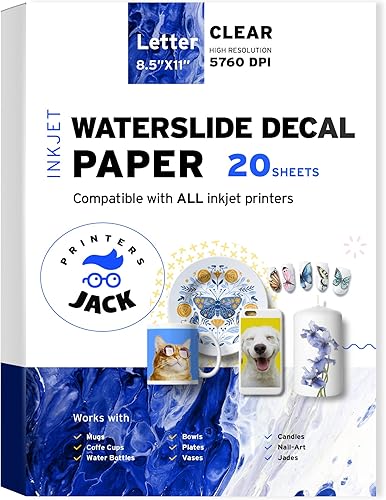 20 hojas de papel de calcomanías de tobogán acuático de 8.5 x 11 pulgadas, papel transparente para impresora de inyección de tinta, papel de tobogán