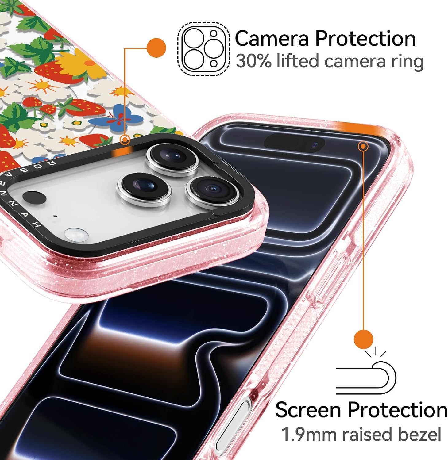 Rosarnnah for iPhone 17 Pro Case Cute - Compatible with Magsafe - Durable Shockproof 6.6 ft Drop Impact Phone Case - Funny Strawberry Fields Design (6.3") Glitter Pink