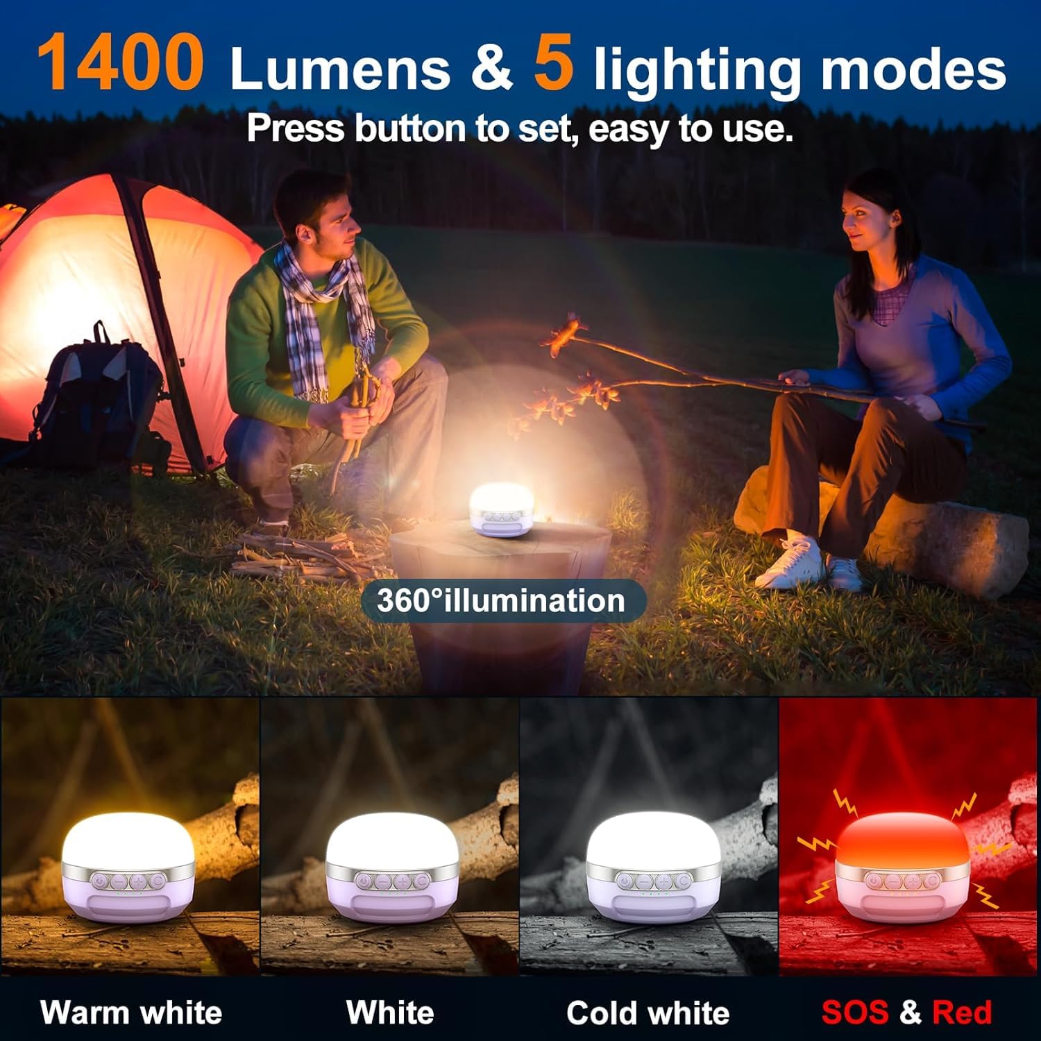 Lampada da campeggio a LED, 10400 mAh, ricaricabile, cambia colore RGB, dimmerabile, luce magnetica da campeggio con ganci per casa, attività all'aperto, escursioni, lampada da tenda, luce ambientale,