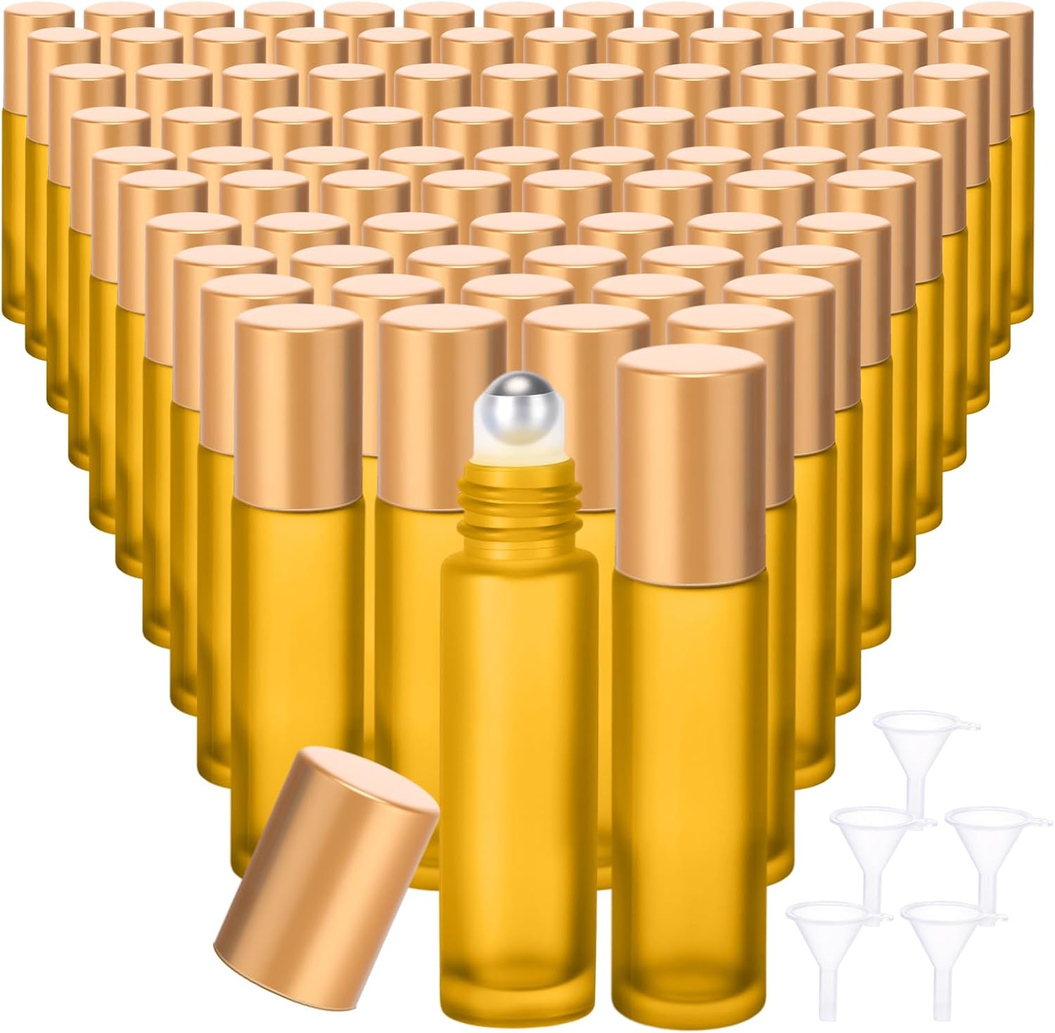 Sumind 150 Pcs Frosted Glass Roller Bottles Essential Oil 10 ml Empty Roll on Bottles with Stainless Steel Balls Leak Proof with 5 Funnel for Travel Essential Oil Perfume(Frosted Yellow)