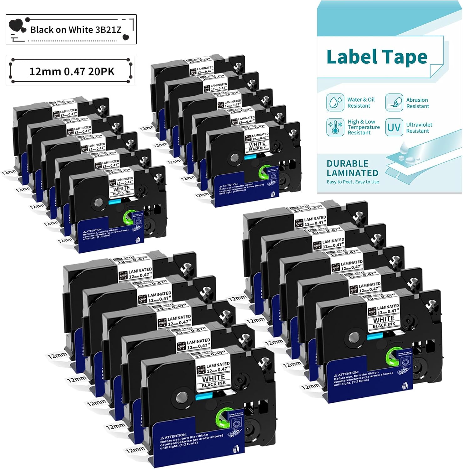 20PK Tz Tape 12mm 0.47 Laminated White, Replacement for Brother P-Touch Ptouch Label Tape TZe-231 TZ-231 Label Maker Tape Refills Compatible with Brother PT-D210 PTD220 PTH110, VolenGo 3B21Z