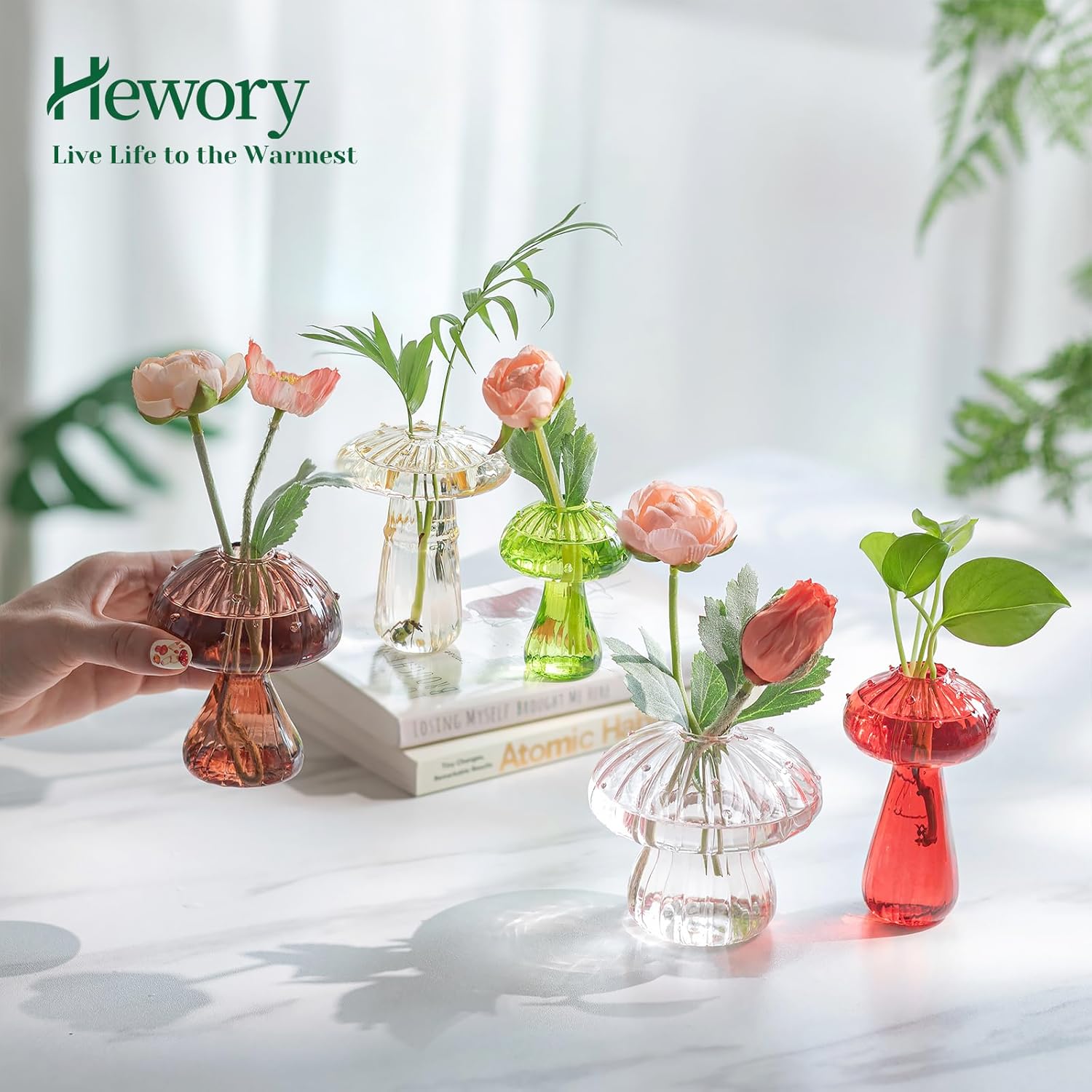 Hewory Glass Mushroom Vase for Flowers, 5pcs Colored Small Bud Flower Vases Unique, Mushroom Propagation Hydroponic Vases, Funky Cottagecore Decor for Home Room Kitchen Office Windowsill Decorations - Image 4