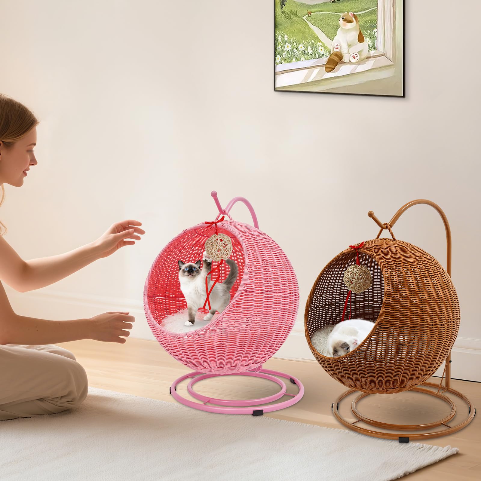 Katzen Schaukel Rattan Katzenschauckel bis 7,5 kg / 16,53 lbs, Federung Katzenbett Schaukelhafte Katzenstuhl für drinnen, Katzenkorb mit Kissen und Kratzbrett, 31cm Türdurchmesser (Pink)