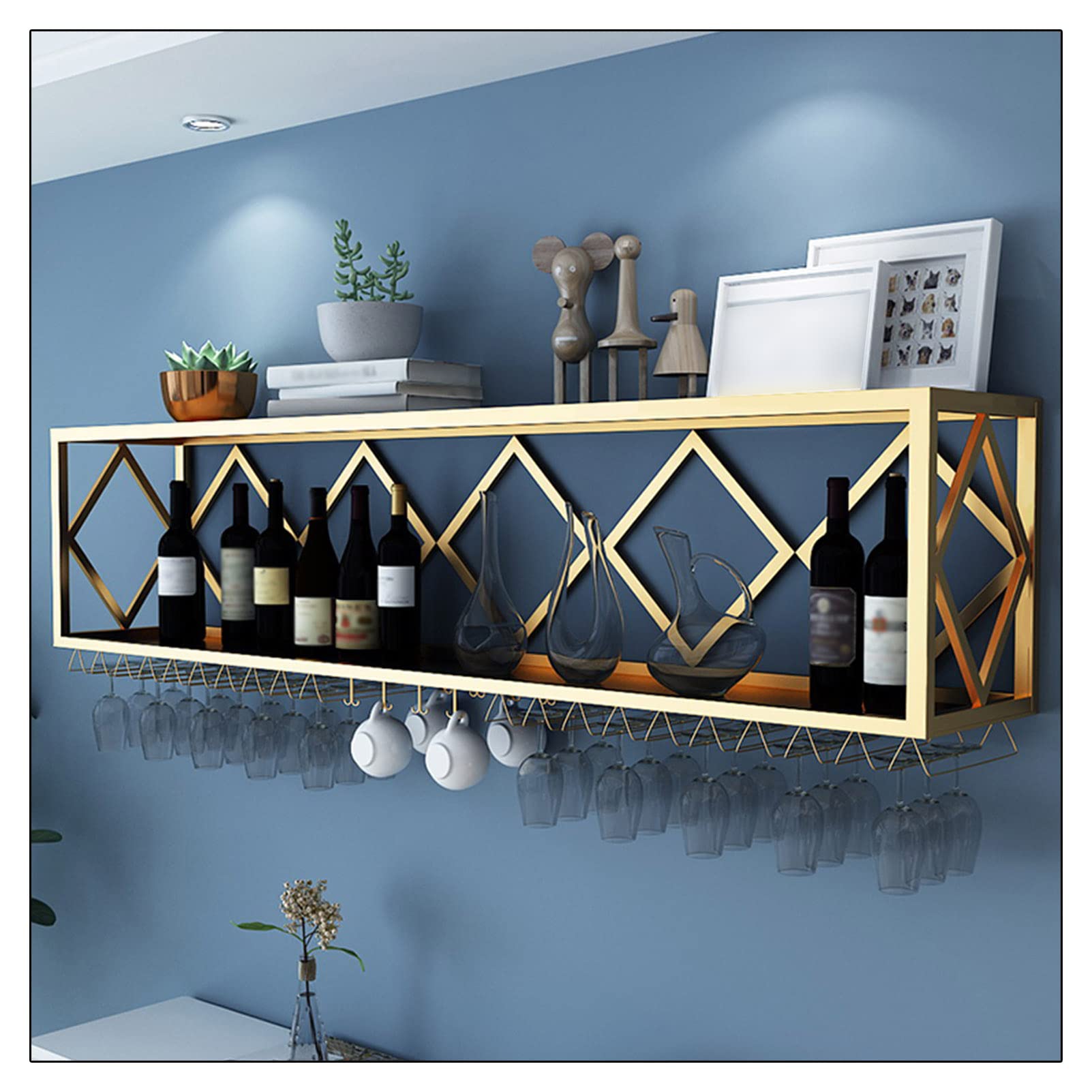 Étagère de rangement suspendue pour bouteilles de vin et verres à pied