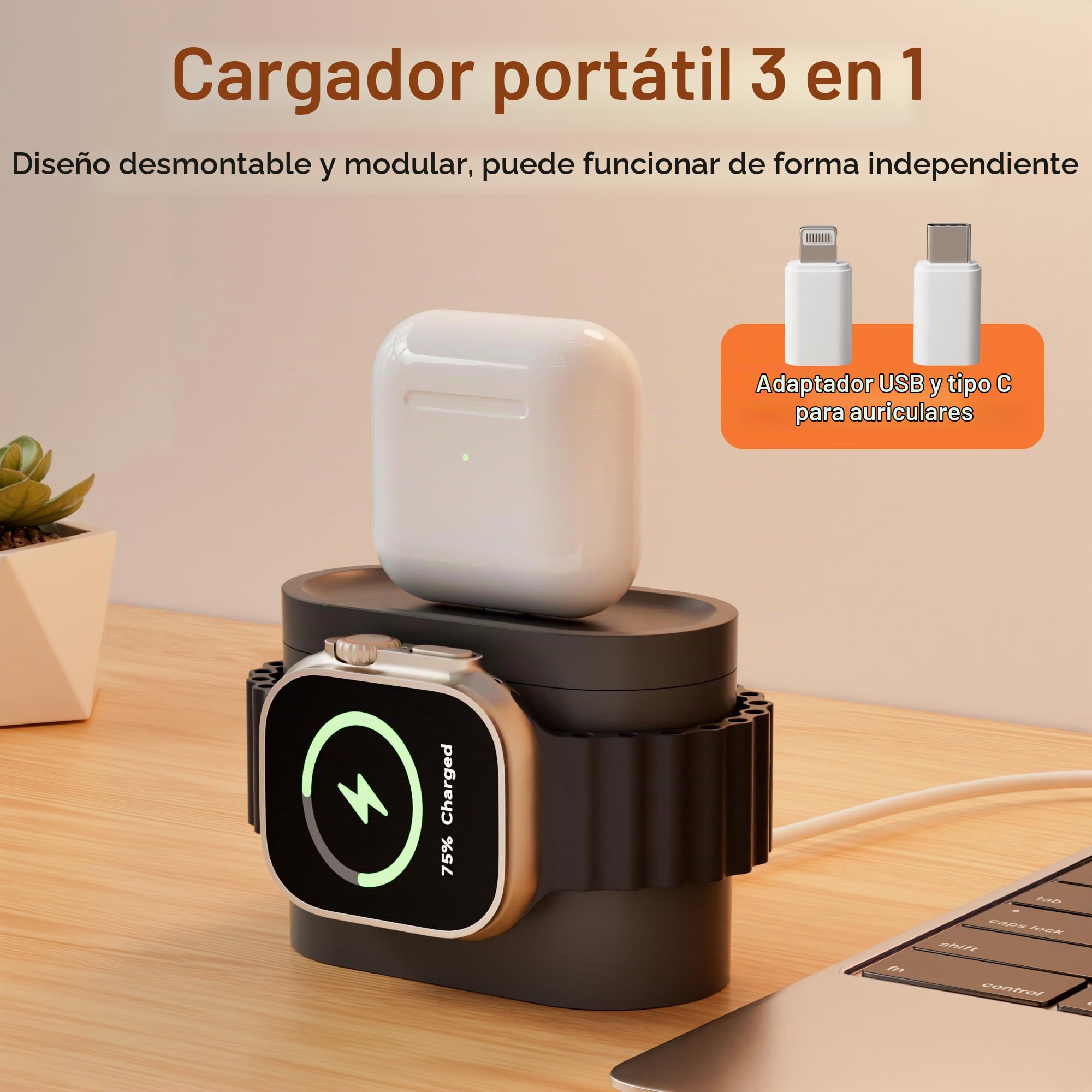 5 en 1 Cargador Inalambrico para i Phone 17-11, con Reloj Despertador | Stazione Ricarica a pple Watch y Air-Pods Caricatore Wireless y Luz Nocturna Adaptador Incluido – para Dormitorio Oficina