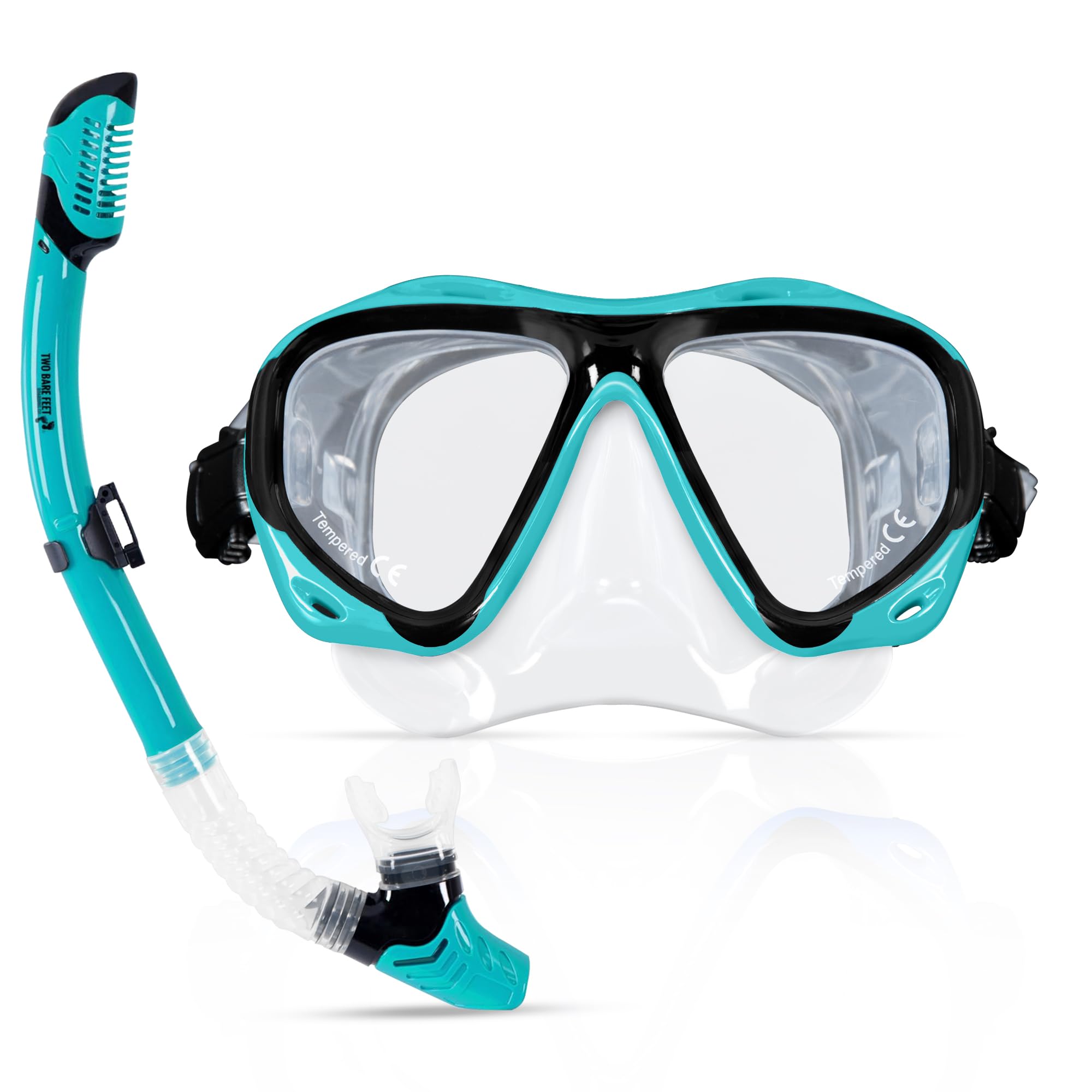 Two Bare Feet Adults Snorkel and Mask Set – Dry Top Silicone Snorkel, Anti-Fog Tempered Glass Dive Mask – Leak-Proof, Adjustable Fit for Swimming, Snorkelling & Diving Holidays (M2006S+S11S (Teal))