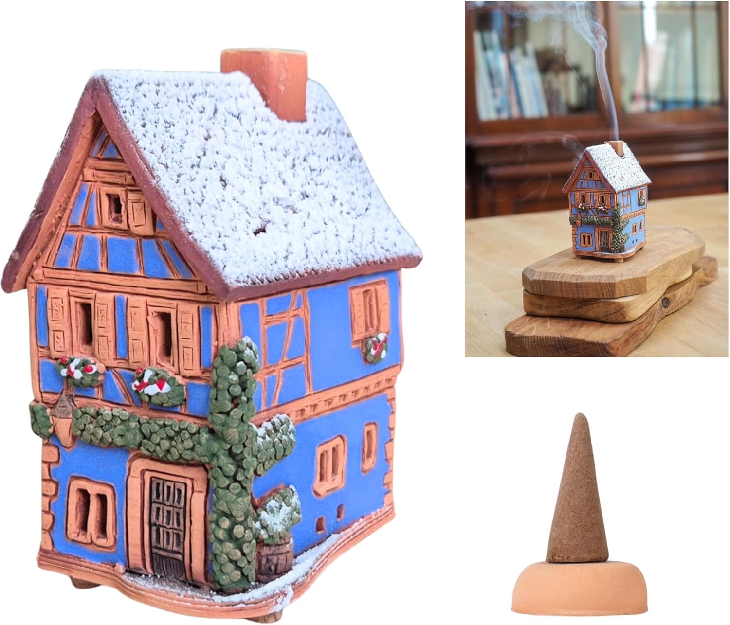 Ceramic Houses and Villages Collection - Handmade House Miniature of Historical House in Riquewihr, Alsace, France, Winter Edition - Cone Incense Holder R231