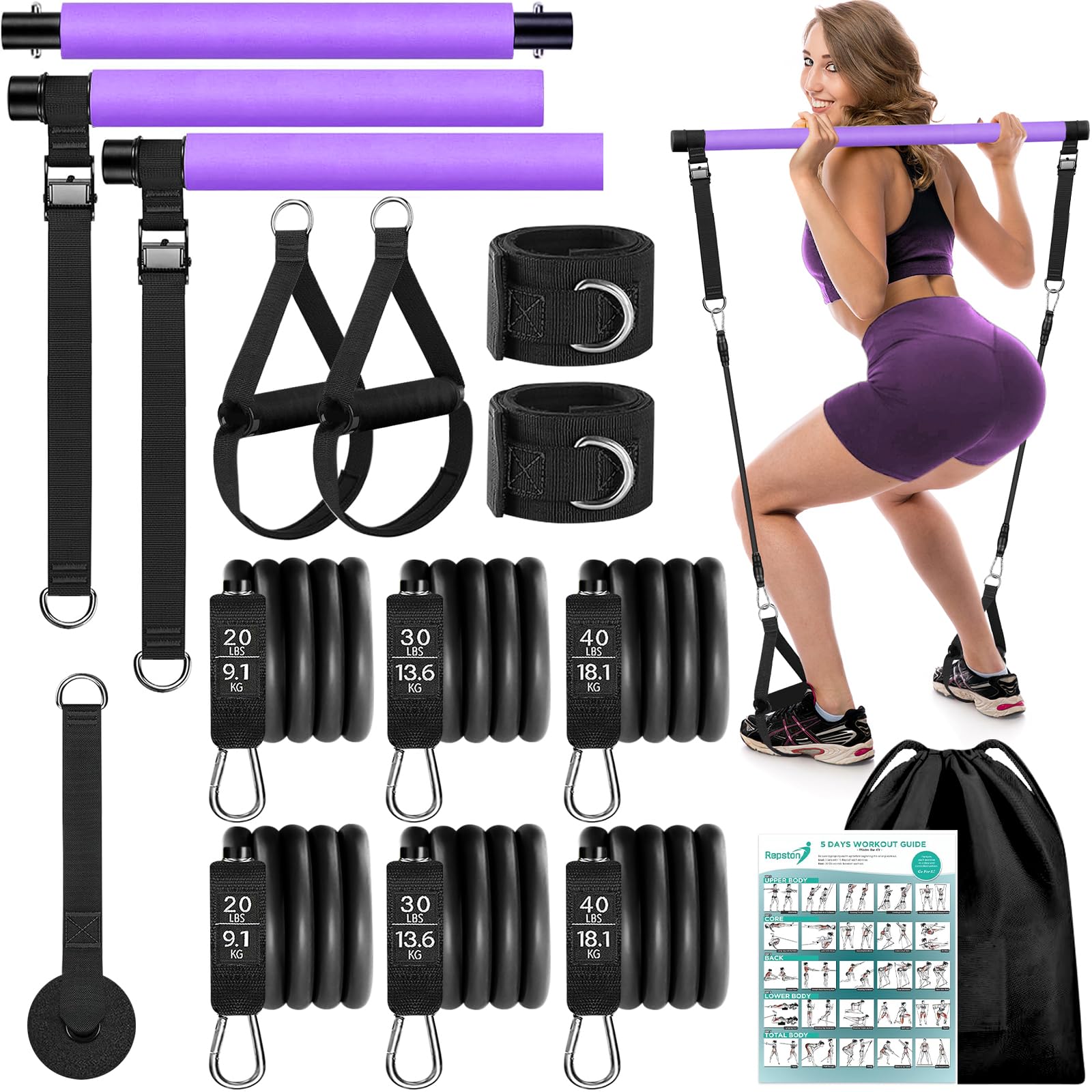 WenYa Pilates Bar Set with Resistance Bands for Women, 180lbs Latex Fitness Workout Bands with Anklets and Door Grip for Women Home Gym Pilates Yoga