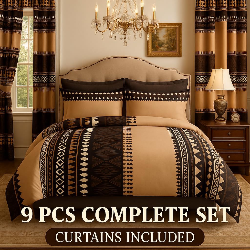 9pcs Bohemian Luxury Bedding Set - Soft Microfiber, Brown Beige Tribal Print, All-Season Lightweight & Breathable Queen/King/Kalking Size Bedspread with 2 Pillowcases & 6 Curtains, (Queen)