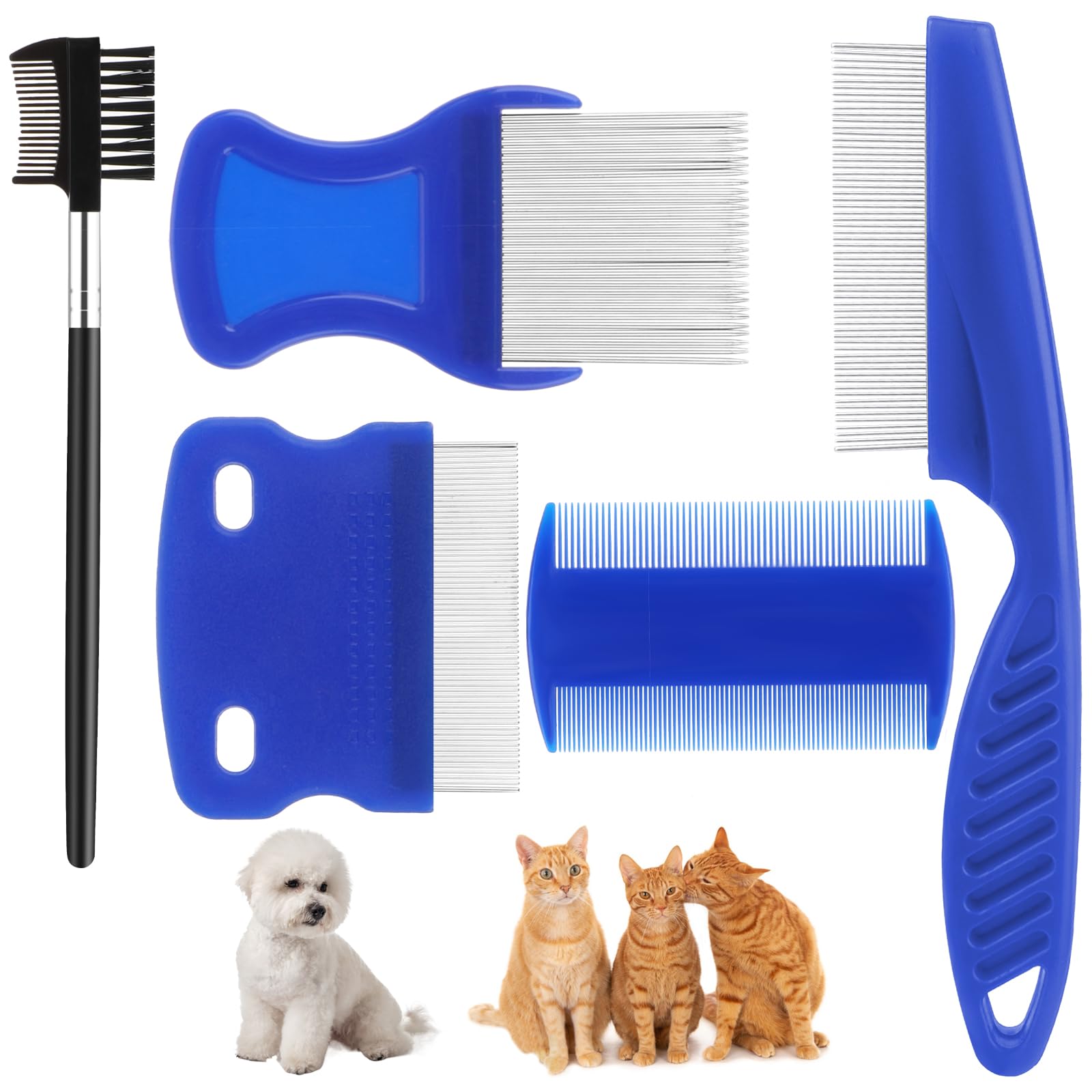 Molain Lot de 5 peignes anti-puces en acier inoxydable avec dents arrondies pour chats et chats, peigne à poils épais, peigne à dents fines pour chien et chat