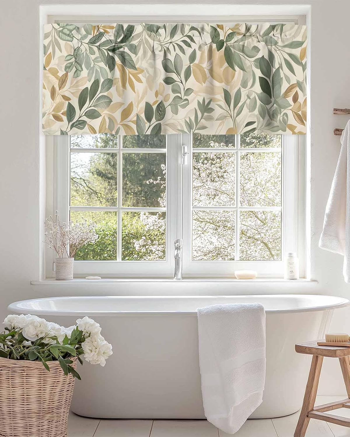 Sage Green Leaf Valances for Windows, Spring Plant Rod Pocket Short Curtains Kitchen Valance for Bedroom Bathroom Living Room, Country Leaves Seamless Small Window Treatment,1 Panel 54x18in