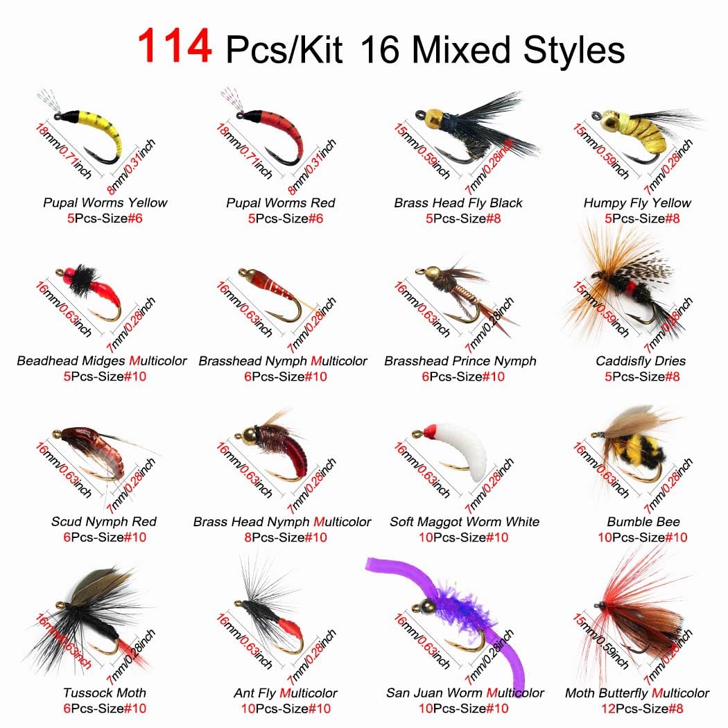 Fliegenfischen Fliegen Kit, 40/48/54/114Stück Künstliche Fliegenfischen Köder mit trockenen/nassen Fliegen, Streamer/Würmer/Motte/Nymphen Forelle Angeln mit Box