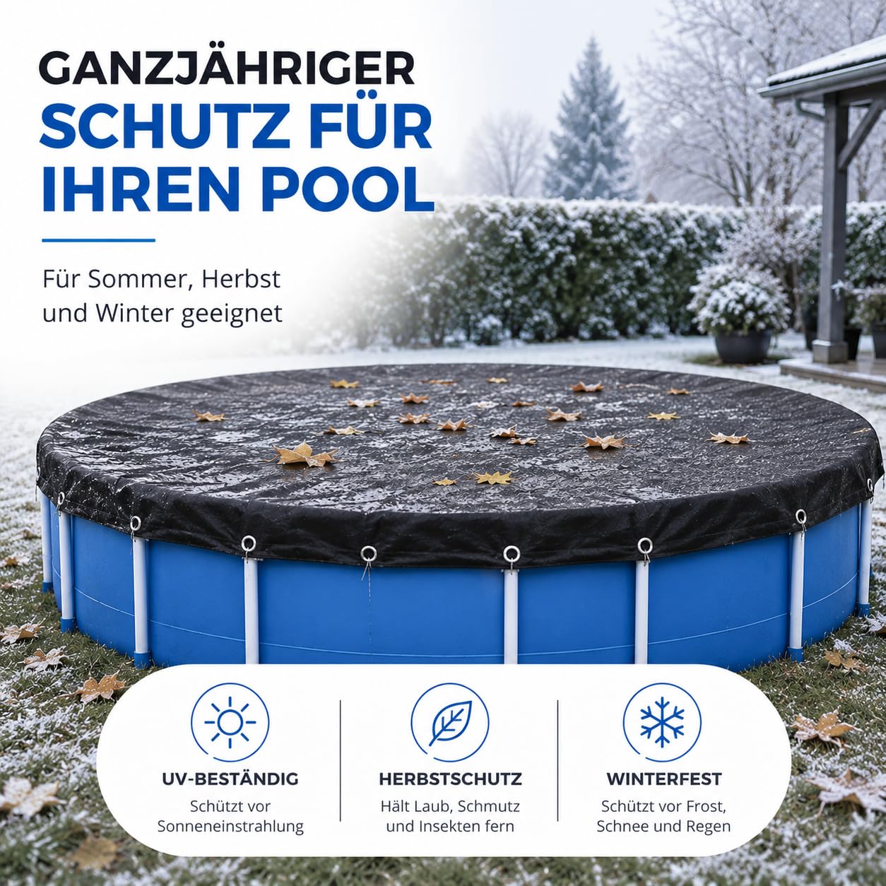 Telo di copertura per piscina rotondo, extra spesso, 200 g/m², resistente ai raggi UV, per l'estate e l'inverno, colore nero, 460 – 500 cm (diametro 560 cm)
