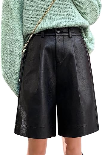 HaoMay Womens Elastic High Waist Wide Leg Pleated PU Faux Leather Shorts